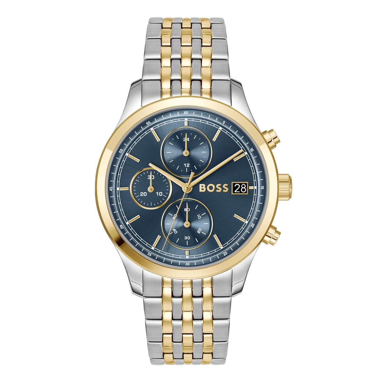 Dit BOSS horloge uit de STRATUS serie met artikelnr: HB1514329 heeft een nette uitstraling. Het gaat niet alleen om de tijd, maar ook om elk moment te grijpen en er je eigen draai aan te geven. Wees je eigen baas, bepaal je eigen tempo en ga ervoor. Het herenhorloge valt op door zijn stalen horlogekast met een goudkleurige bezel, blauwe sunray wijzerplaat met een chronograaf en een datum. Aan de kast zit een stalen bicolor schakelband met een vouwsluiting. Het horloge heeft een doorsnee van 41mm, een mineraalglas en is 5ATM. 