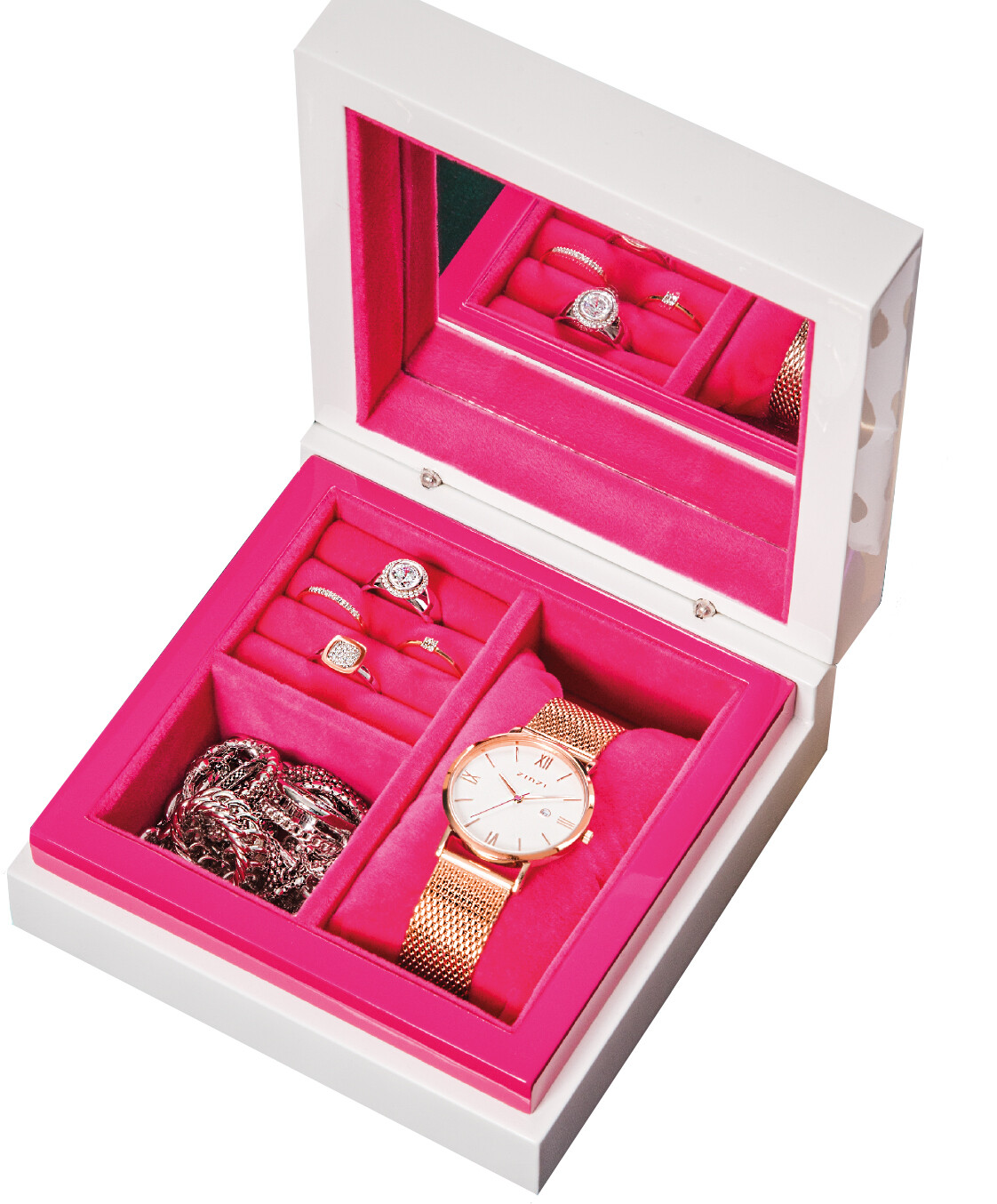 Luxe ZINZI sieradendoos van wit gelakt hout en met roze velours ingelegd. Eindelijk kun je netjes je Zinzi sieraden en Zinzi horloge opbergen. Met spiegel om je op te maken of te zien hoe je Zinzi sieraden je staan.
De jewelbox heeft een afmeting van 14x14x6,5cm