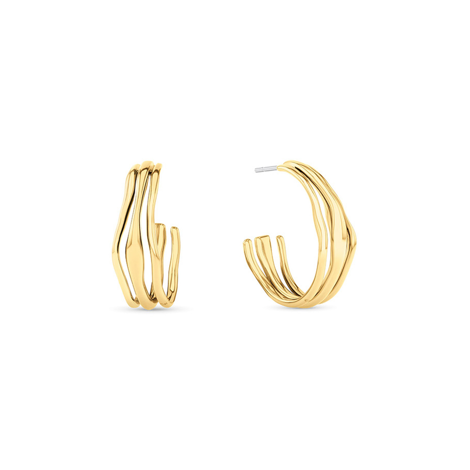 Calvin Klein CJ35000721 Dames Oorsieraad Staal
Deze stalen dames oorbellen van Calvin Klein met nr CJ35000721 hebben een sculpturale uiterlijk. De glimmende goudkleurige stalen oorstekers zitten met een steker op het oor en bestaan uit 3 sierlijke banden naast elkaar. Ze vallen mooi rond het oor. Leuk te combineren met andere sieraden uit de serie van Calvin Klein.

OVER CALVIN KLEIN
Calvin Klein is een wereldwijd lifestylemerk dat gewaagde, vooruitstrevende idealen en een verleidelijke, vaak minimalistische, esthetiek nastreeft. Calvin Klein werd groot in de jaren 70 door haar mode- en merkjeans collecties. In de jaren 80 lanceerde Calvin Klein haar spraakmakende ondergoed dat uitdrukkelijk van logo &rsquo;s voorzien was. Vanwege het grote succes is het merk ook succesvol uitgerold in Accessoires, Parfums, Home, Brillen, Golf, Horloges en Sieraden.
Sinds de oprichting in 1968 door Calvin Klein, heeft het merk haar reputatie opgebouwd als leider in de Amerikaanse mode, dankzij een cleane esthetiek en innovatieve ontwerpen. Calvin Klein wil haar publiek verleiden en inspireren door middel van provocerende beelden en opvallende ontwerpen die prikkelen. 

SPECIFICATIES:
- Stalen dames oorsieraden
- Lengte 2,6cm
- Goudkleurig
- Glimmend