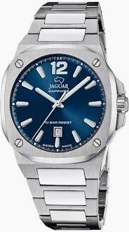 Herenuurwerk in staal met een stalen band. Het uurwerk heeft een kastvorm in het vierkant. Het heeft een blauwe wijzerplaat met index .