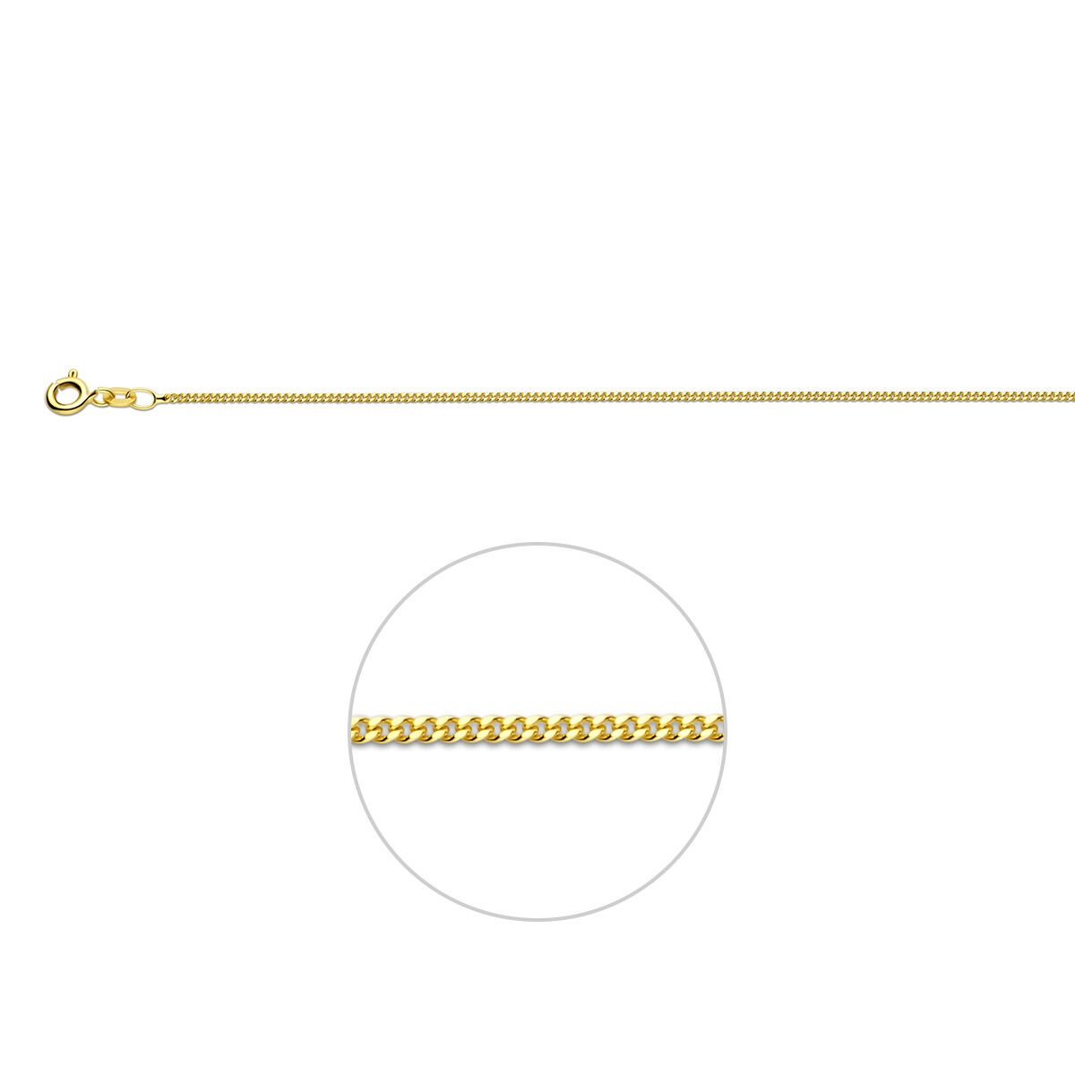 Deze fijne ketting is gemaakt van 9 karaats goud, met een lengte van 42 cm en een dikte van 1.2 mm. 

**Beste draagwijze:**  
Perfect voor dagelijks gebruik of bijzondere gelegenheden. Combineer met andere kettingen voor een gelaagde look of draag subtiel solo voor een elegante uitstraling.