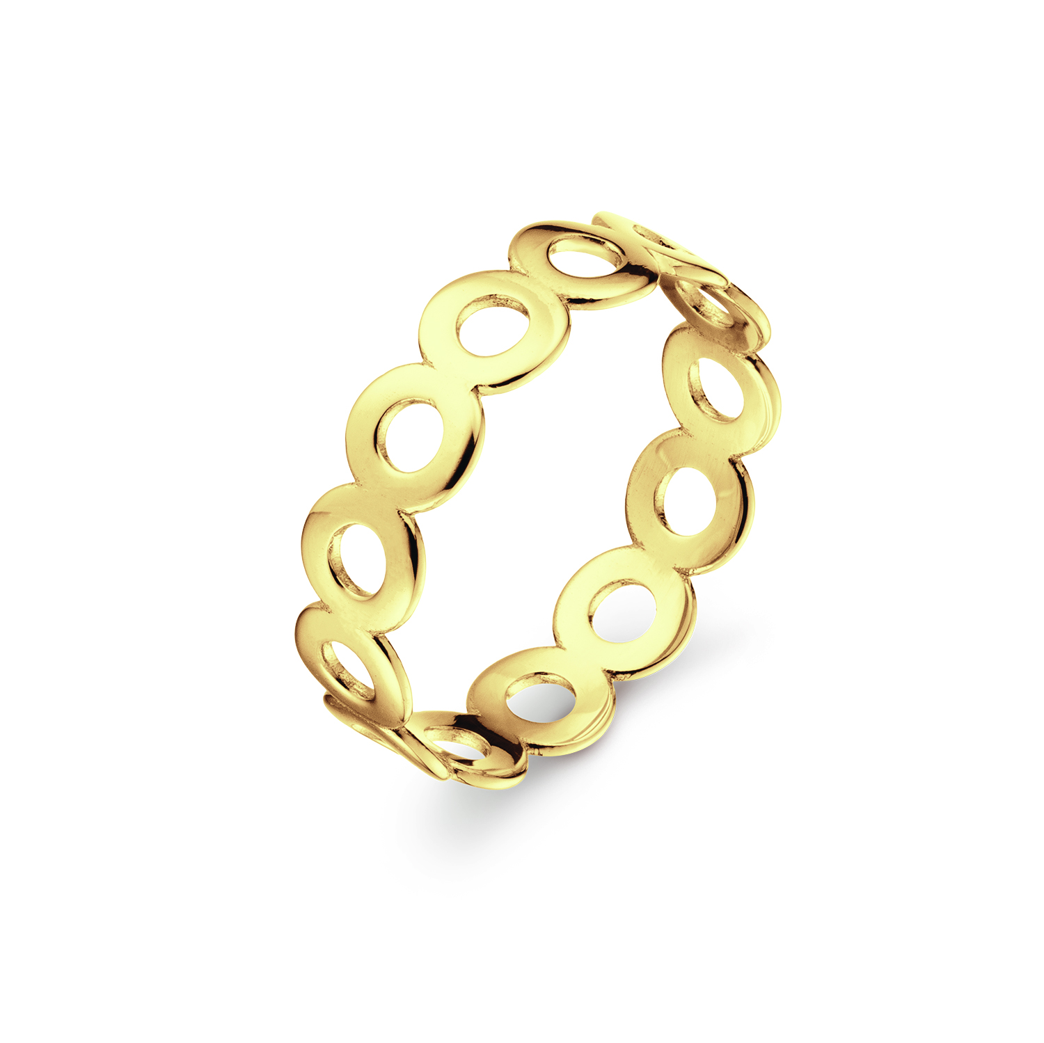 Deze ring met modelnummer JKR2440658 is gemaakt van 14 karaat goud en heeft een open cirkelontwerp. Hij heeft een breedte van 5,0 mm en een diepte van 1,0 mm. Met een gewicht van 1,3 gram is deze gouden, glanzeloze ring verkrijgbaar in maat 58. Draag hem solo of combineer met andere ringen voor een stijlvolle look.