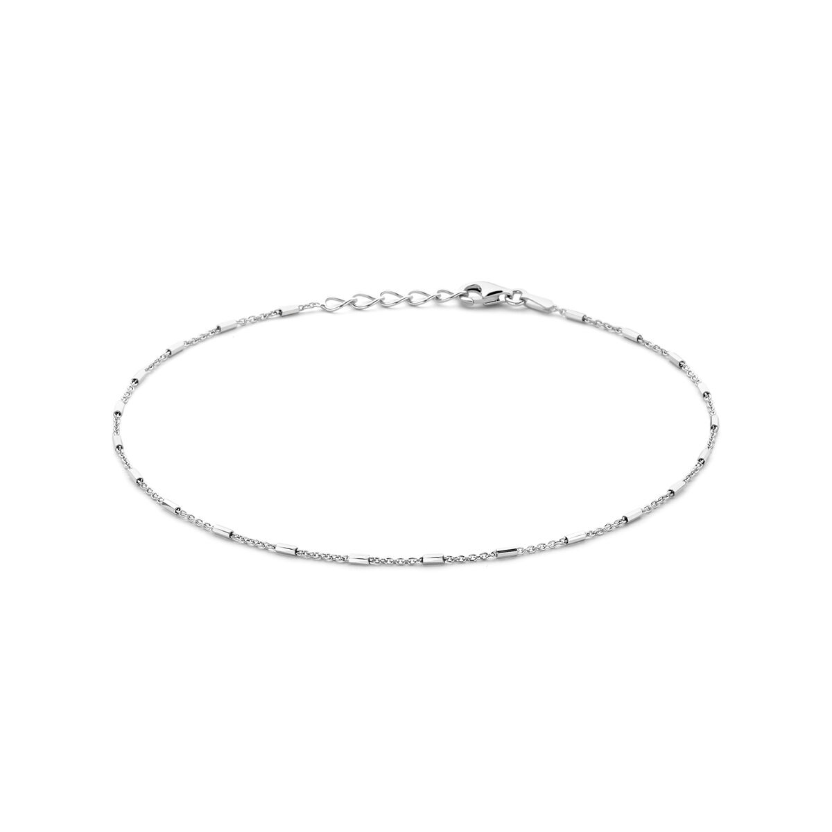 Gerhodineerd 925 zilveren enkelbandje uitgevoerd met buisjes van 1.3mm breed. De enkelband heeft een draaglengte van 24cm met een extensie van 2cm en een stevige karabijn sluiting.