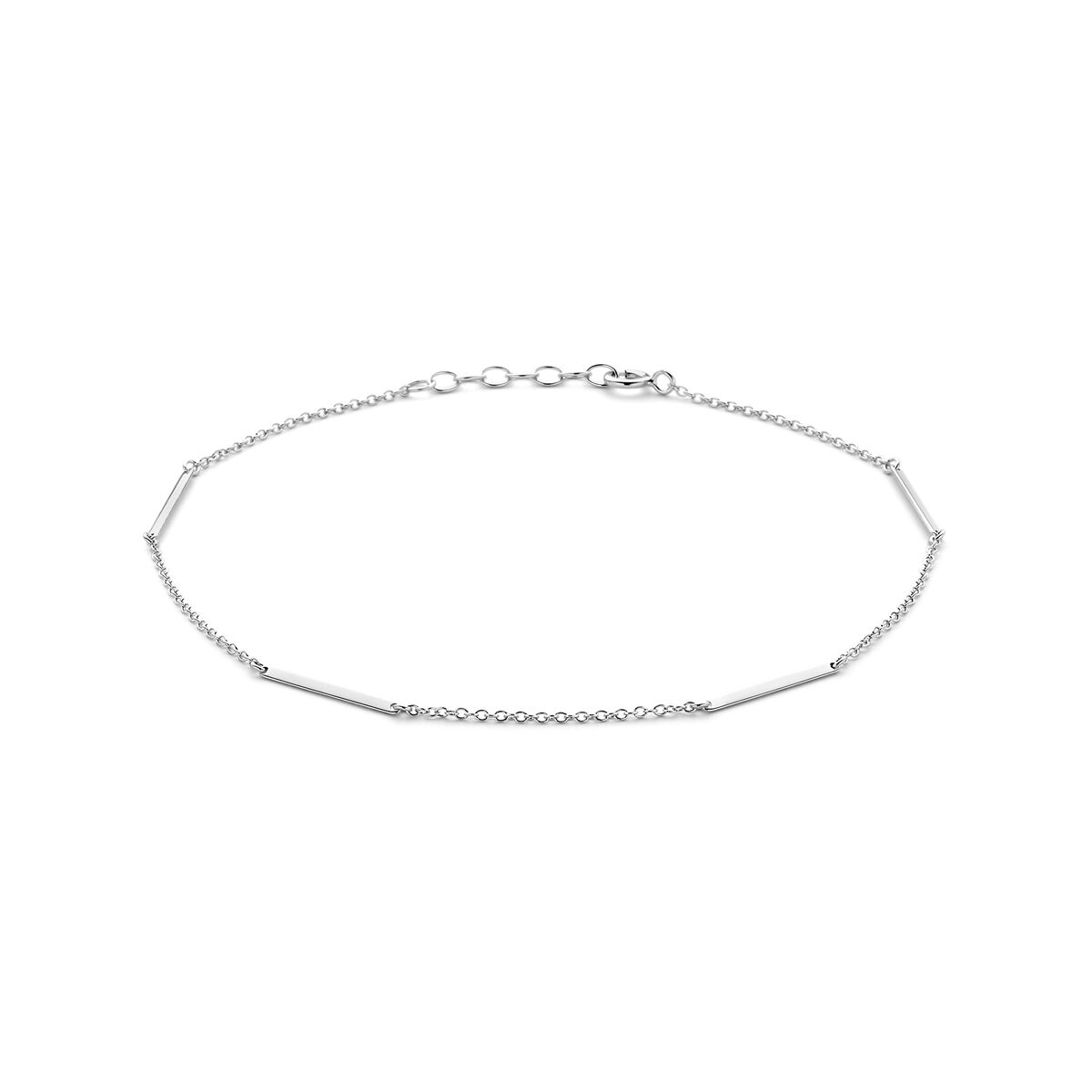 Gerhodineerd 925 zilveren enkelbandje uitgevoerd met plaatjes met een afmeting van 1.6x18mm. De enkelband heeft een draaglengte van 24cm met een extensie van 2cm. De schakelbreedte is 1.2mm.