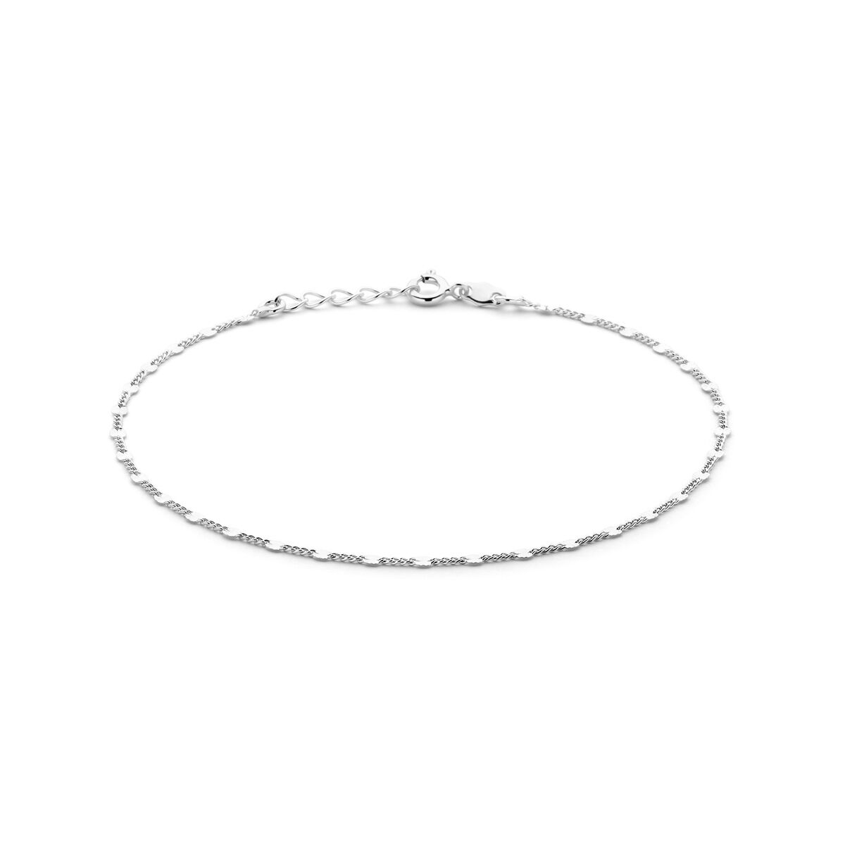 Stijlvol gerhodineerd zilveren enkelbandje met een draaglengte van 24cm en een extensie van 2cm. De schakelbreedte is 2.3mm. Info: Gerhodineerd zilver is door de rhodiumlaag beter bestand tegen verkleuren en krassen.