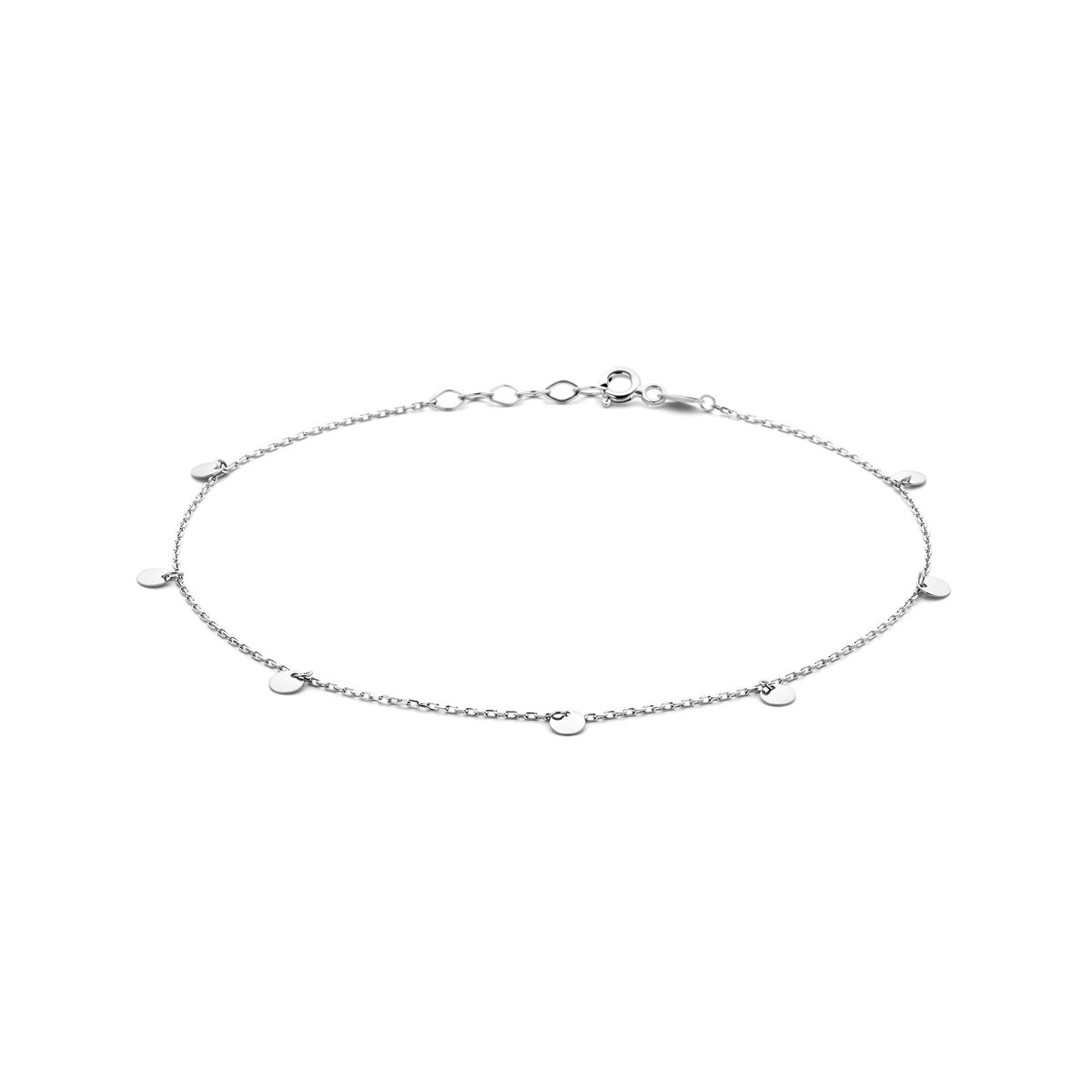 Gerhodineerd 925 zilveren enkelbandje uitgevoerd met rondjes en een karabijn sluiting. Het enkelbandje heeft een draaglengte van 24cm met een extensie van 2cm. De rondjes hebben een diameter van 4mm. De schakelbreedte is 1.0mm.