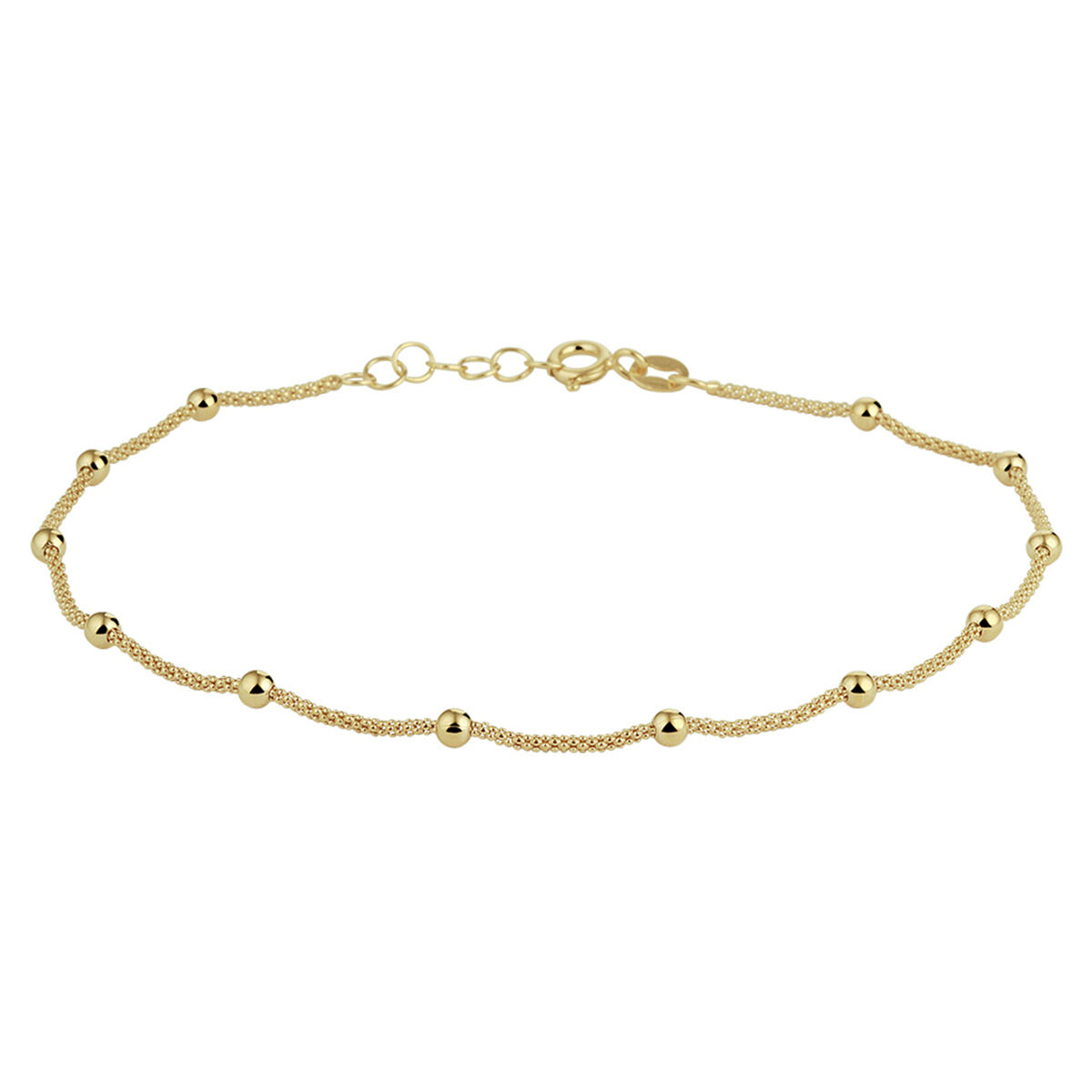 Trendy verguld op zilveren enkelbandje uitgevoerd met poli afgewerkte bolletjes van 3mm. Met een draaglengte van 24cm en een extensie van 2cm. Tip: Leuk om kado te geven! Geen garantie op plating.