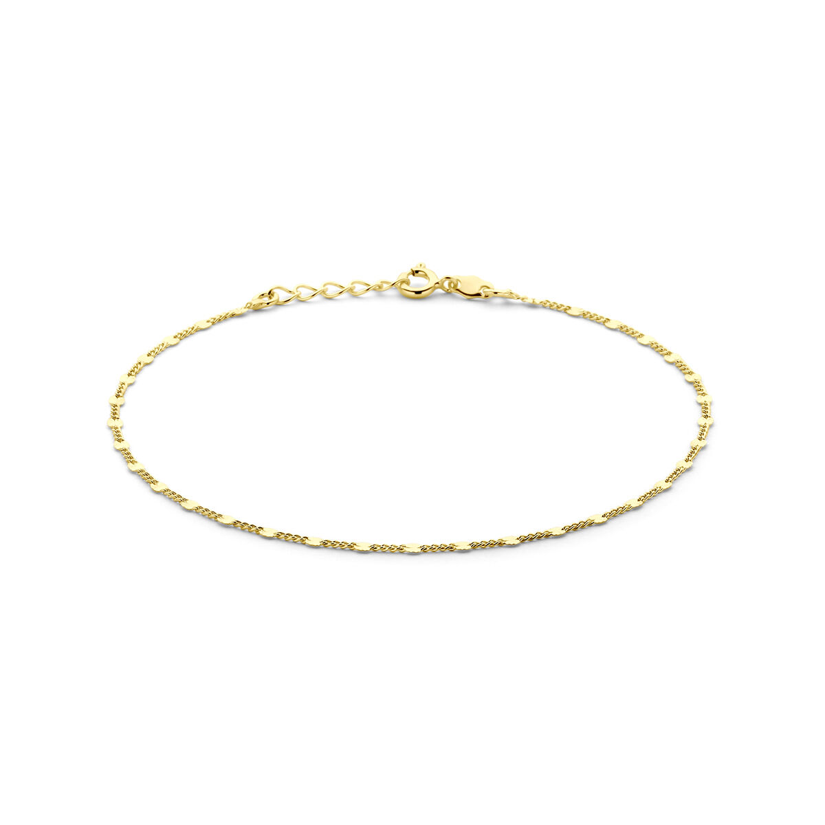 Verguld op 925 zilveren enkelbandje met een draaglengte van 24cm en een extensie van 2cm. De schakelbreedte is 2.3mm. Geen garantie op de plating.