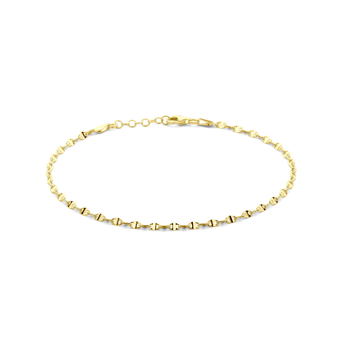 Verguld op 925 zilveren enkelbandje met een draaglengte van 24cm en een extensie van 2cm. De schakelbreedte is 2.8mm. Geen garantie op de plating.