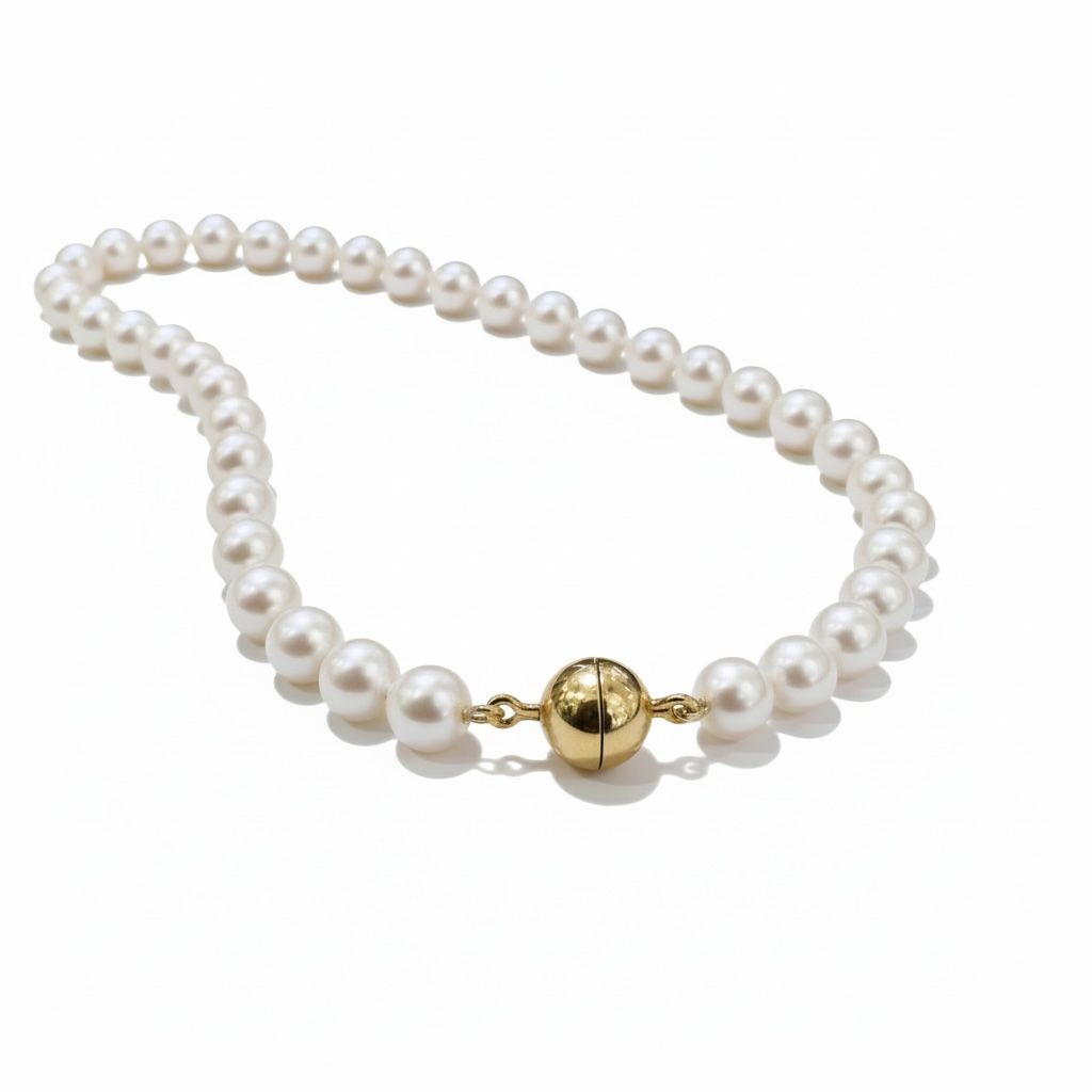 14 karaat geelgouden zoetwater parelcollier met parels van 8.5x8mm en met magneetslot.