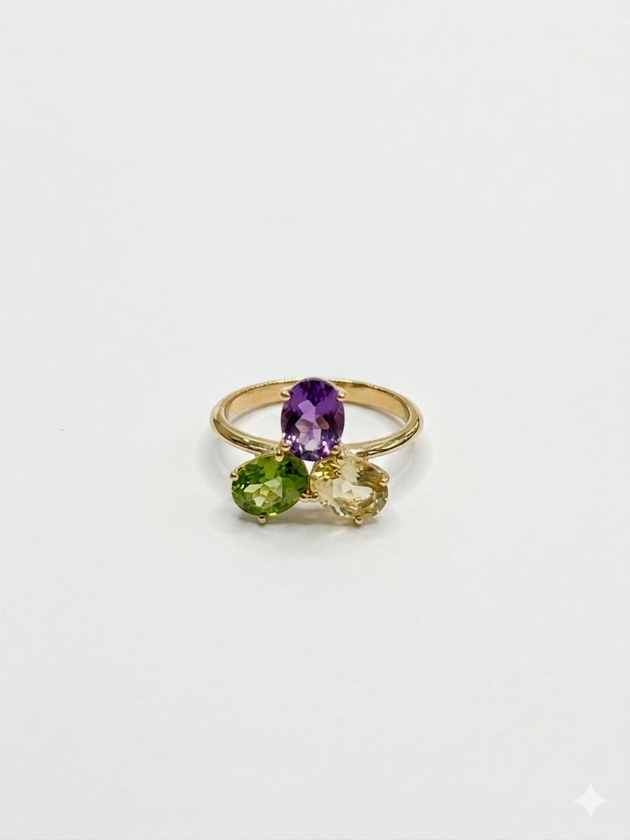 De Kleurrijke 14k Gouden Bouquet Ring is een prachtige sieradenstuk met natuurlijke Amethist, Peridoot en Citrien. Ideaal om dagelijks te dragen of bij speciale gelegenheden, voegt deze ring een unieke en kleurrijke touch toe aan elke outfit. Perfect voor wie van verfijnde en stijlvolle sieraden houdt.