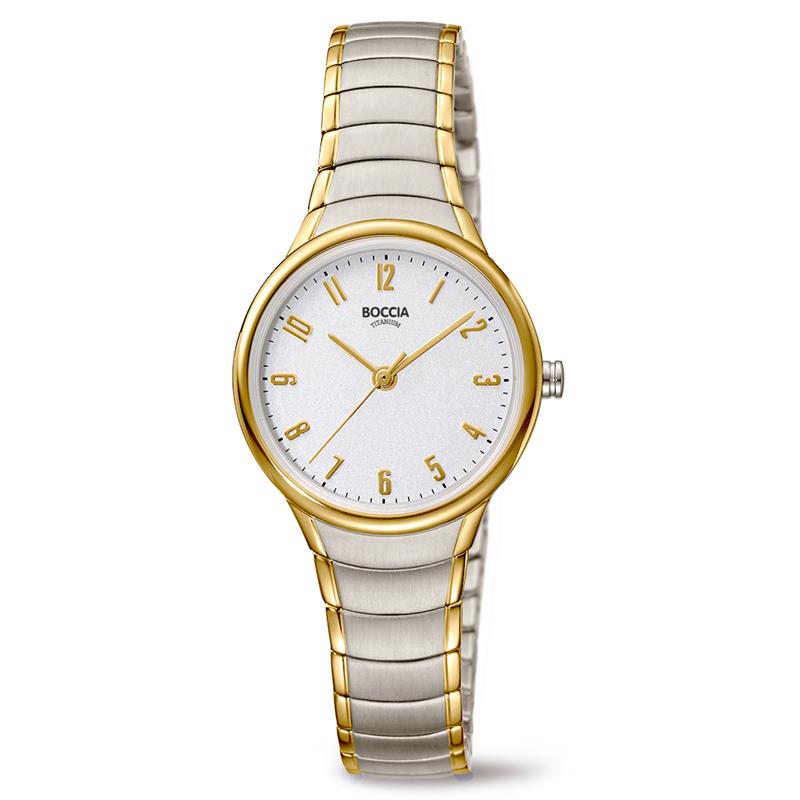 Boccia Titanium 3319-02
Dit dameshorloge van Boccia Titanium heeft een nette uitstraling. De bi-color titanium horlogekast zorgt voor een stijlvolle look en de witte wijzerplaat maakt het horloge klassiek. Het horloge heeft een ronde kast met een diameter van 28mm, een mineraalglas, en is 3ATM. Combineer dit prachtige exemplaar met de andere sieraden van Boccia Titanium voor een complete look. Aan de titanium kast zit een bi-color schakel band. 

HET MERK
Boccia Titanium is het titanium merk van Nederland, dat zijn oorsprong in Duitsland vindt en is opgericht in het jaar 1992. Ontwikkeld door internationale ontwerpers. Alle titanium componenten van de BOCCIA TITANIUM collectie zijn gemaakt van 99,7% puur titanium; het bijzondere materiaal. Het is licht in gewicht, neemt de temperatuur van de huid aan en is zeer huidvriendelijk. Bovendien is het corrosie- en temperatuurbestendig.

SPECIFICATIES
- Mineraalglas
- Ronde titanium horlogekast, &Oslash; 28mm
- Bi-color titanium band
- Witte wijzerplaat
- 3ATM (Regen- & spatwaterdicht)