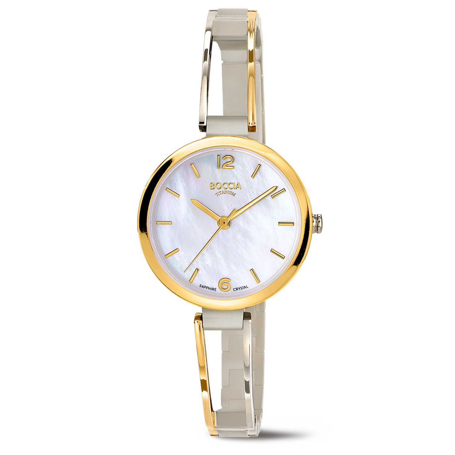 Titanium horloge in bi-color met parelmoer wijzerplaat. 