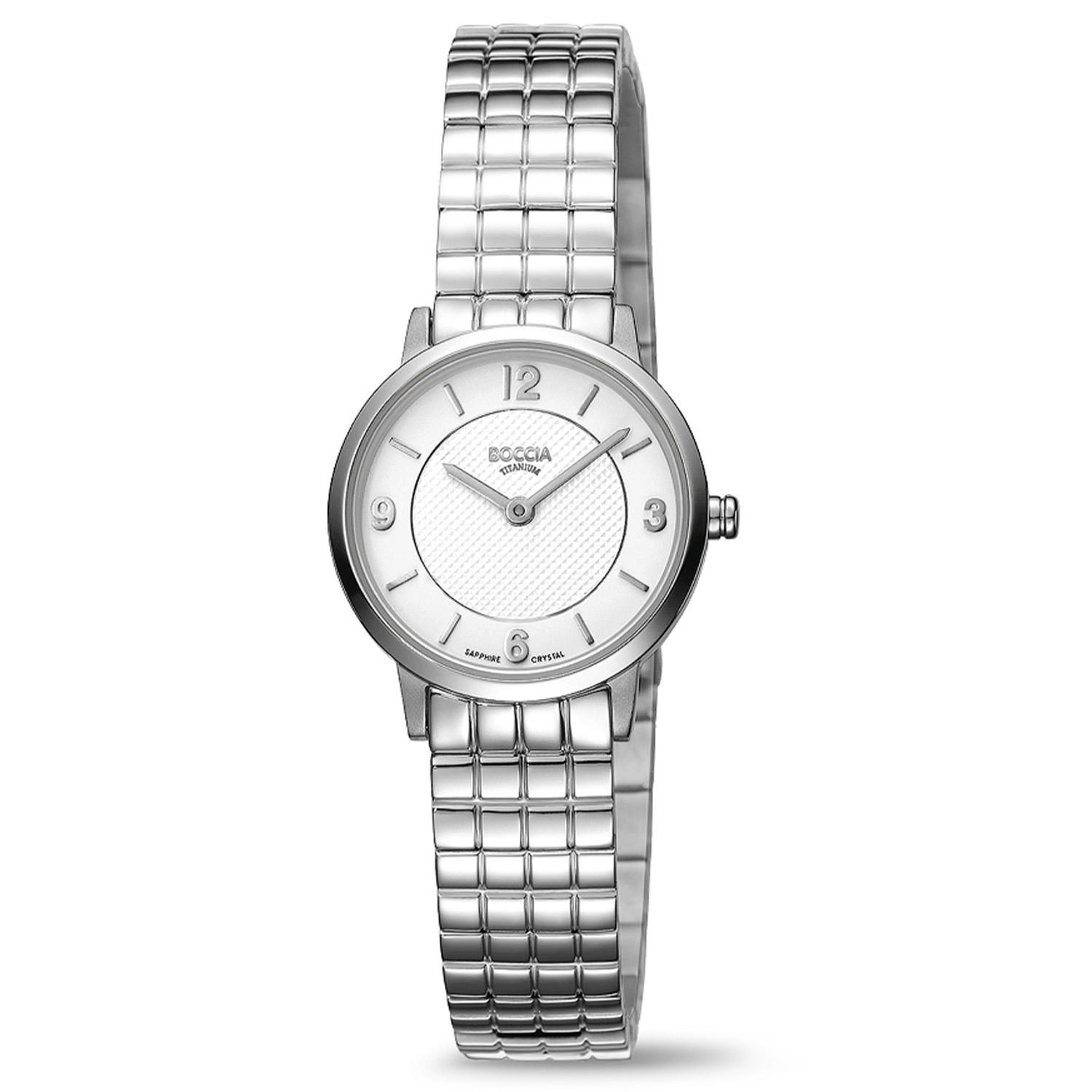 Boccia Titanium Dameshorloge 3371-03 &Oslash;25
Op zoek naar een stijlvol horloge met een sportief design? Dan is de 3371-03 de perfecte keuze! Het dameshorloge is gemaakt van titanium en heeft een witte wijzerplaat, een saffierglas en is 3ATM. Combineer dit prachtige exemplaar met de andere sieraden van Boccia Titanium voor een complete look. 

HET MERK Boccia Titanium is het titanium merk van Nederland, dat zijn oorsprong in Duitsland vindt en is opgericht in het jaar 1992. Ontwikkeld door internationale ontwerpers. Alle titanium componenten van de BOCCIA TITANIUM collectie zijn gemaakt van 99,7% puur titanium; het bijzondere materiaal. Het is licht in gewicht, neemt de temperatuur van de huid aan en is zeer huidvriendelijk. Bovendien is het corrosie- en temperatuurbestendig. 

SPECIFICATIES 
- Saffierglas 
- Ronde  titanium horlogekast, &Oslash; 25mm 
- Titanium horlogeband 
- Witte wijzerplaat 
- 3 ATM (Regen- & spatwaterdicht)