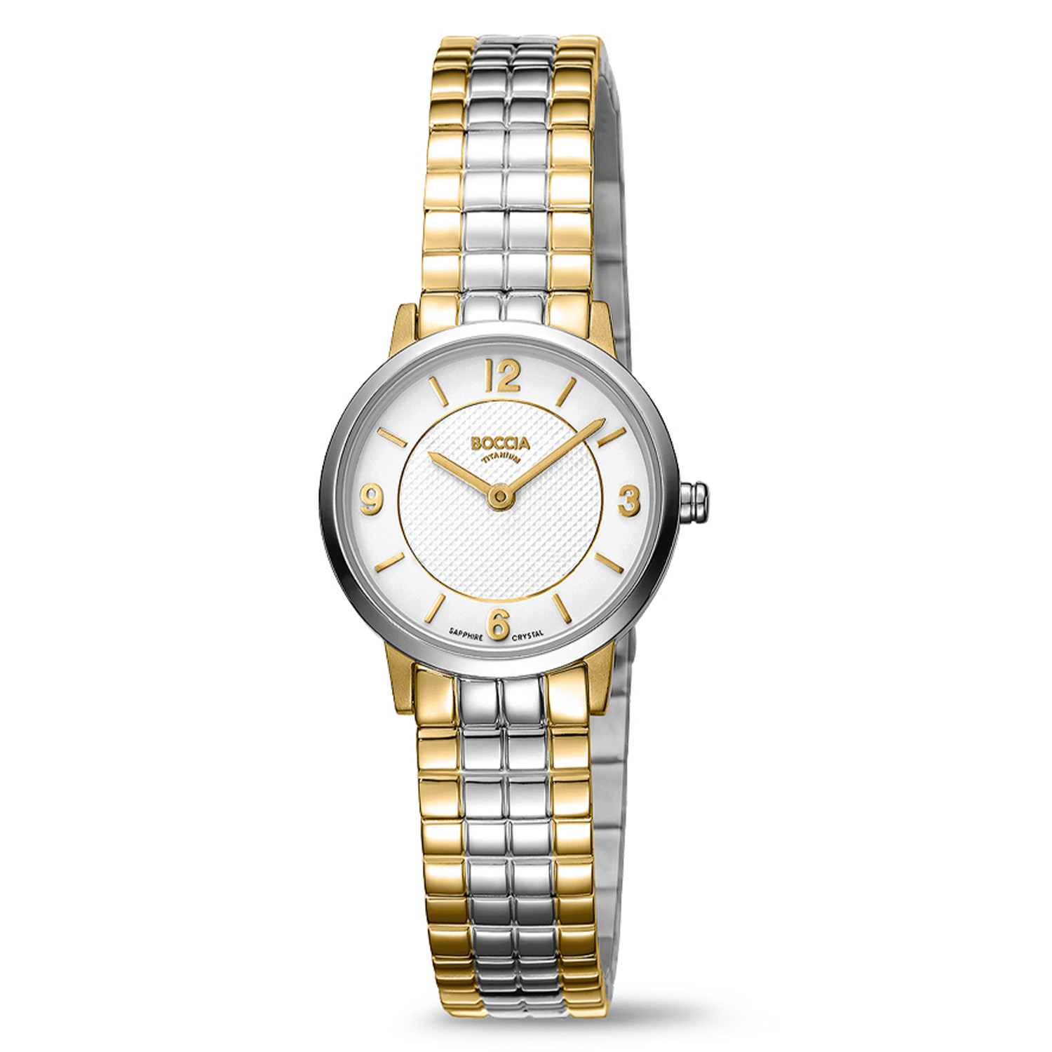Boccia Titanium Dameshorloge 3371-04 &Oslash;25
Op zoek naar een stijlvol horloge met een sportief design? Dan is de 3371-04 de perfecte keuze! Het bicolor dameshorloge is gemaakt van titanium en heeft een witte wijzerplaat, een saffierglas en is 3ATM. Combineer dit prachtige exemplaar met de andere sieraden van Boccia Titanium voor een complete look. 

HET MERK Boccia Titanium is het titanium merk van Nederland, dat zijn oorsprong in Duitsland vindt en is opgericht in het jaar 1992. Ontwikkeld door internationale ontwerpers. Alle titanium componenten van de BOCCIA TITANIUM collectie zijn gemaakt van 99,7% puur titanium; het bijzondere materiaal. Het is licht in gewicht, neemt de temperatuur van de huid aan en is zeer huidvriendelijk. Bovendien is het corrosie- en temperatuurbestendig. 

SPECIFICATIES 
- Saffierglas 
- Ronde  titanium horlogekast, &Oslash; 25mm 
- Bicolor titanium horlogeband 
- Witte wijzerplaat 
- 3 ATM (Regen- & spatwaterdicht)