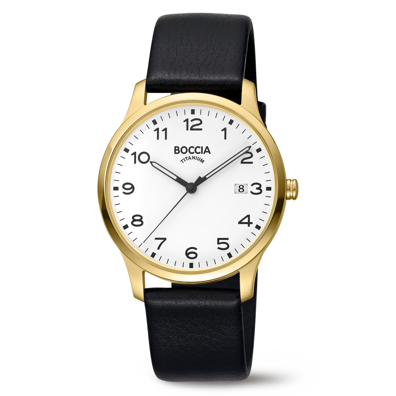 Boccia Titanium 3620-08 Heren 
Dit herenhorloge van Boccia heeft een unieke uitstraling en een chique uiterlijk. De 3620-08 heeft een ronde goudkleurige titanium horlogekast met een diameter van 39mm en een witte wijzerplaat met een datum en zwarte uursaanduiding. Aan de titanium kast zit een zwarte lerenband met een goudkleurige gespsluiting. Het horloge heeft een mineraalglas en is 5ATM. Of je nu sportief of chique gekleed gaat, dit horloge past bij elke outfit en iedere gelegenheid!

HET MERK
Boccia Titanium is het titanium merk van Nederland, dat zijn oorsprong in Duitsland vindt en is opgericht in het jaar 1992. Ontwikkeld door internationale ontwerpers. Alle titanium componenten van de BOCCIA TITANIUM collectie zijn gemaakt van 99,7% puur titanium; het bijzondere materiaal. Het is licht in gewicht, neemt de temperatuur van de huid aan en is zeer huidvriendelijk. Bovendien is het corrosie- en temperatuurbestendig.

SPECIFICATIES
- Mineraalglas
- Ronde titanium horlogekast, &Oslash; 39mm
- Zwarte lerenband
- Witte wijzerplaat 
- Datum
- 5ATM
