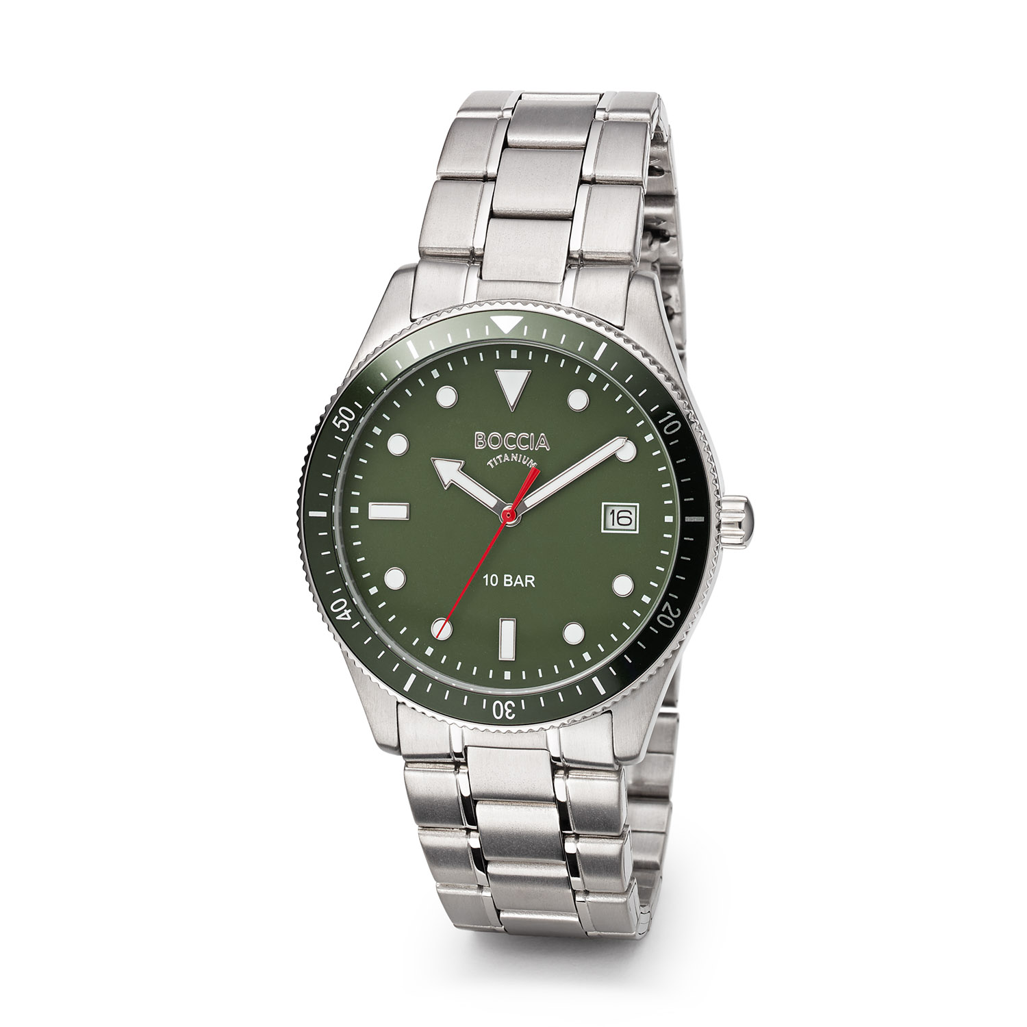 Boccia Titanium 3664-05 Heren Horloge 39mm
Dit herenhorloge van Boccia heeft een stoere uitstraling. De 3664-05 heeft een ronde titanium horlogekast met een groene bedrukte draaibare bezel en een groene wijzerplaat met opvallende uursaanduiding door de lumibrite en een datum. Aan de titanium kast zit een titanium schakelband met een vouwsluiting. Het horloge heeft een doorsnee van 39mm, een mineraalglas en is 10ATM. Of je nu sportief of chique gekleed gaat, dit horloge past bij elke outfit en iedere gelegenheid!

HET MERK
Boccia Titanium is het titanium merk van Nederland, dat zijn oorsprong in Duitsland vindt en is opgericht in het jaar 1992. Ontwikkeld door internationale ontwerpers. Alle titanium componenten van de BOCCIA TITANIUM collectie zijn gemaakt van 99,7% puur titanium; het bijzondere materiaal. Het is licht in gewicht, neemt de temperatuur van de huid aan en is zeer huidvriendelijk. Bovendien is het corrosie- en temperatuurbestendig.

SPECIFICATIES
- Mineraalglas
- &Oslash; 39mm
- Ronde titanium horlogekast
- Titanium schakelband
- Groene wijzerplaat 
- 10ATM