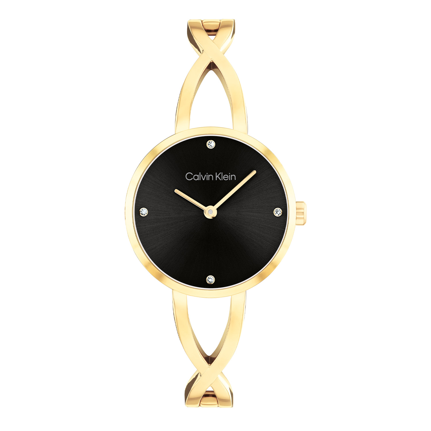 Calvin Klein CK25100059 Dames Sculpted Embrace Horloge 28mm 
Dit Calvin Klein dameshorloge met nr CK25100059 is een klassiek ontwerp. De stijlvolle ronde stalen goudkleurige kast heeft een gladde goudkleurige bezel, een zwarte sunray wijzerplaat met fijne wijzers en op de 3,6,9 en 12 een kristal als uursaanduiding. Strak aan de kast zit een stalen fijne goudkleurige bangle band die uitloopt in schakels en daar te verstellen is op maat. Het elegante dameshorloge heeft een mineraalglas, een doorsnee van 28mm en is 3ATM.

OVER CALVIN KLEIN
Calvin Klein is een wereldwijd lifestylemerk dat gewaagde, vooruitstrevende idealen en een verleidelijke, vaak minimalistische, esthetiek nastreeft. Calvin Klein werd groot in de jaren 70 door haar mode- en merkjeans collecties. In de jaren 80 lanceerde Calvin Klein haar spraakmakende ondergoed dat uitdrukkelijk van logo &rsquo;s voorzien was. Vanwege het grote succes is het merk ook succesvol uitgerold in Accessoires, Parfums, Home, Brillen, Golf, Horloges en Sieraden.
Sinds de oprichting in 1968 door Calvin Klein, heeft het merk haar reputatie opgebouwd als leider in de Amerikaanse mode, dankzij een cleane esthetiek en innovatieve ontwerpen. Calvin Klein wil haar publiek verleiden en inspireren door middel van provocerende beelden en opvallende ontwerpen die prikkelen. 

SPECIFICATIES:
- Mineraalglas
- Stalen goudkleurige kast
- Zwarte wijzerplaat 
- Stalen goudkleurige bangle band
- Rechte kastvorm, &Oslash; 28mm
- 3ATM