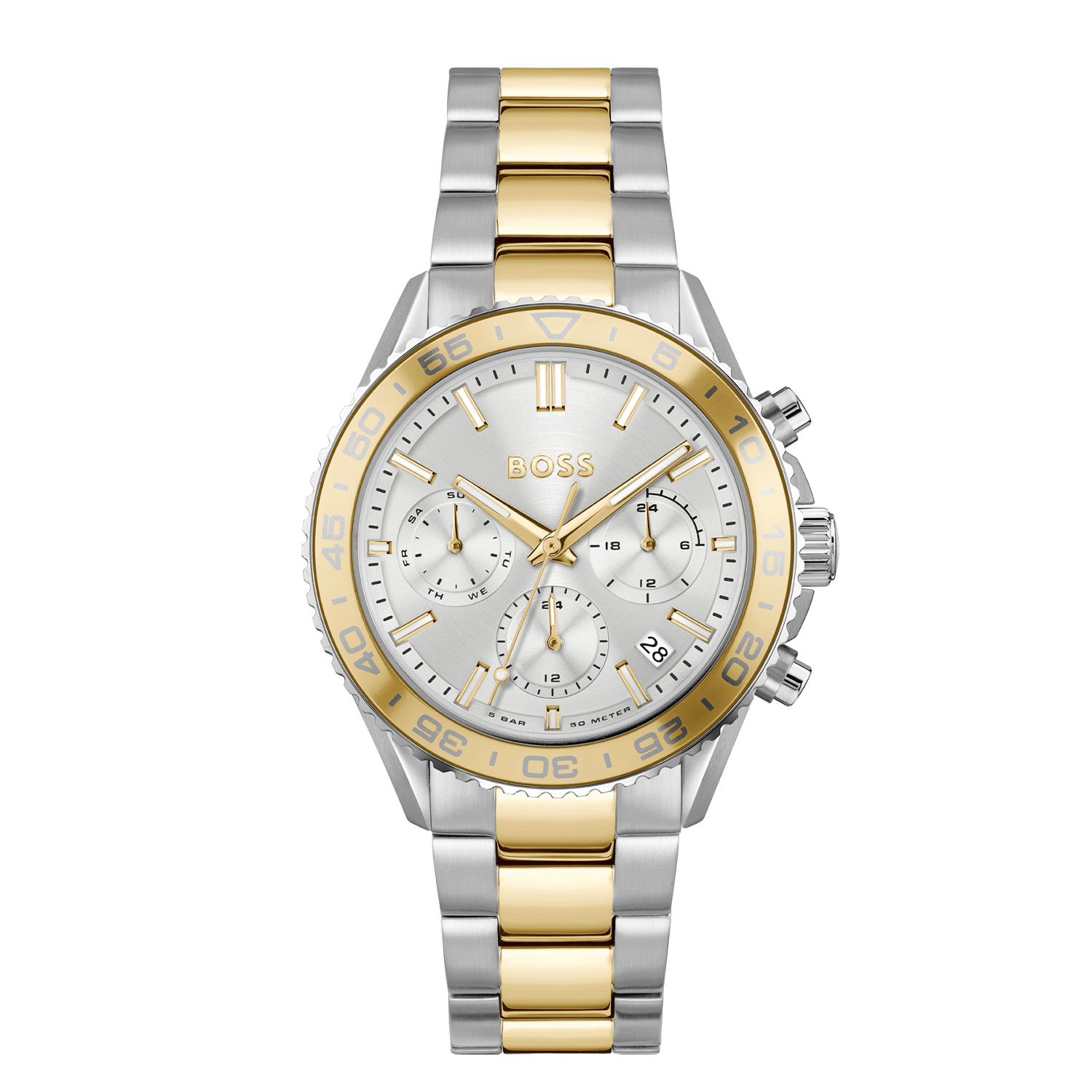 BOSS HB1502756 RUNNER FOR HER Dameshorloge 38mm 
Dit BOSS horloge uit de RUNNER FOR HER serie met artikelnr: HB1502756 heeft een nette sportieve uitstraling. Zeer geschikt voor de moderne stijlvolle vrouw van nu. Het stalen multifunctionele dameshorloge valt op door zijn stalen horlogekast met een goudkleurige bewerkte bezel en een zilverwitte sunray wijzerplaat. Opvallend is de lumibrite op de wijzers en streepjes. Aan de kast zit een bicolor schakelband met vouwsluiting. De kast van het horloge heeft een doorsnee van 38mm met mineraalglas en is 5ATM. 

HET MERK:
HUGO BOSS is afgestemd op levensstijlen waar het gaat om kwaliteit en precisie. Het wereldwijde fashionlabel is verdeeld in twee merken: BOSS en HUGO. Het merk BOSS biedt geavanceerde, moderne horloges gericht op kwaliteit en design om een onberispelijke look te cre&euml;ren &ndash; of het nu zakelijk, casual of sportief is. De horloge collectie van BOSS is perfect afgestemd op levensstijlen waar het gaat om kwaliteit en precisie. BOSS is op maat gemaakt in een onberispelijke stijl.

Blijf stijlvol bij de tijd. Voor de BOSS-vrouw is stijl het handelsmerk en draait alles om
details. Breng uw look naar een hoger niveau met onze nieuwe en kenmerkende horlogecollectie.

SPECIFICATIES:
- Mineraalglas
- Ronde kastvorm, &Oslash; 38mm
- Stalen horlogekast
- Zilverwitte wijzerplaat
- Bicolor schakelband