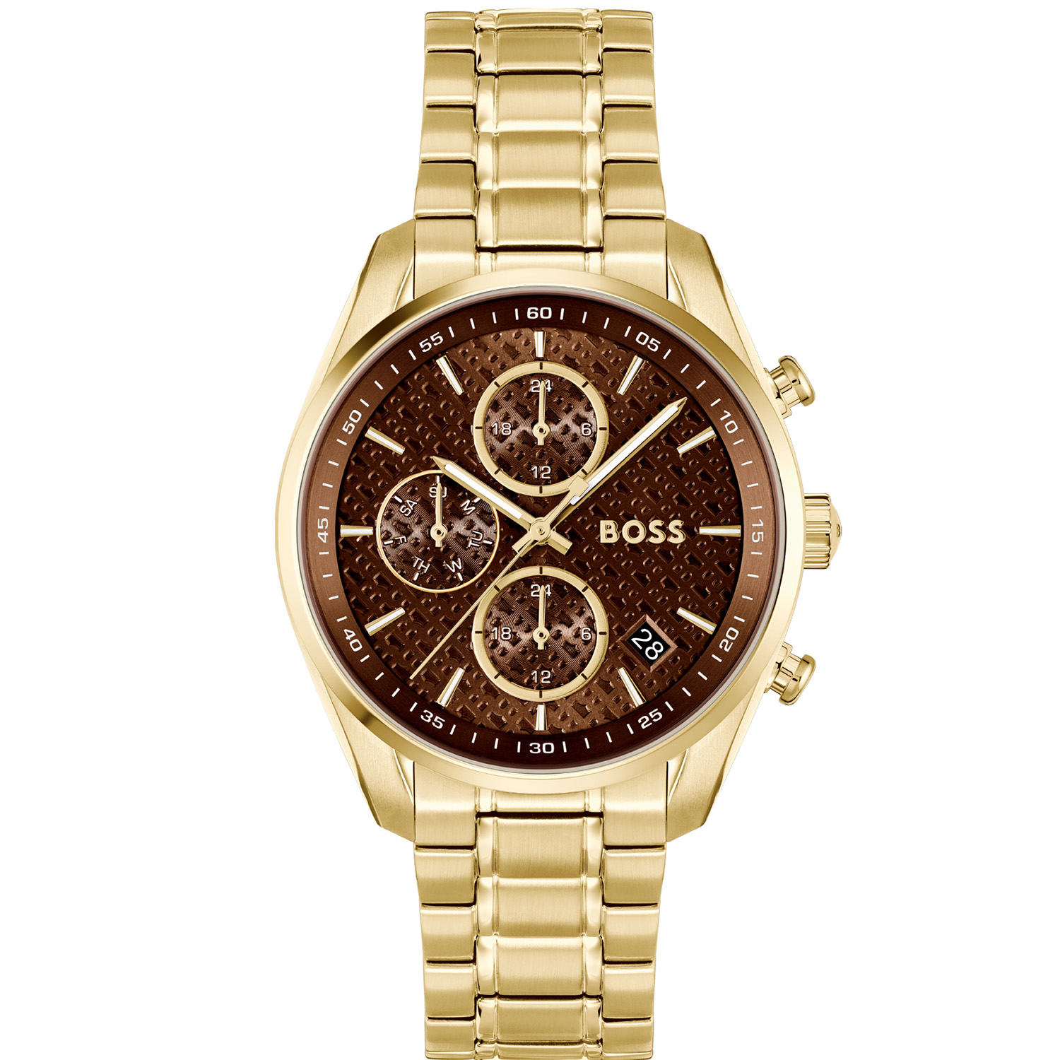 BOSS HB1502770 GRAND TOUR LADIES Dameshorloge 38mm 
Dit BOSS horloge uit de GRAND TOUR LADIES serie met artikelnr: HB1502770 heeft een luxe sportieve uitstraling. Zeer geschikt voor de moderne stijlvolle vrouw van nu. Het dameshorloge valt op door zijn stalen goudkleurige horlogekast met een gladde goudkleurige bezel en een bruine sunray wijzerplaat met een dag, datum en 24-uursaanduiding. Opvallend zijn de fijne wijzers. Aan de kast zit een stalen mat glanzende goudkleurige schakelband met een vouwsluiting. Het horloge heeft een doorsnee van 38mm met een mineraalglas en is 3ATM. 

HET MERK:
HUGO BOSS is afgestemd op levensstijlen waar het gaat om kwaliteit en precisie. Het wereldwijde fashionlabel is verdeeld in twee merken: BOSS en HUGO. Het merk BOSS biedt geavanceerde, moderne horloges gericht op kwaliteit en design om een onberispelijke look te cre&euml;ren &ndash; of het nu zakelijk, casual of sportief is. De horloge collectie van BOSS is perfect afgestemd op levensstijlen waar het gaat om kwaliteit en precisie. BOSS is op maat gemaakt in een onberispelijke stijl.

Blijf stijlvol bij de tijd. Voor de BOSS-vrouw is stijl het handelsmerk en draait alles om
details. Breng uw look naar een hoger niveau met onze nieuwe en kenmerkende horlogecollectie.

SPECIFICATIES:
- Mineraalglas
- Ronde kastvorm, &Oslash; 38mm
- Stalen horlogekast
- Bruine wijzerplaat
- Stalen schakelband
- 3ATM