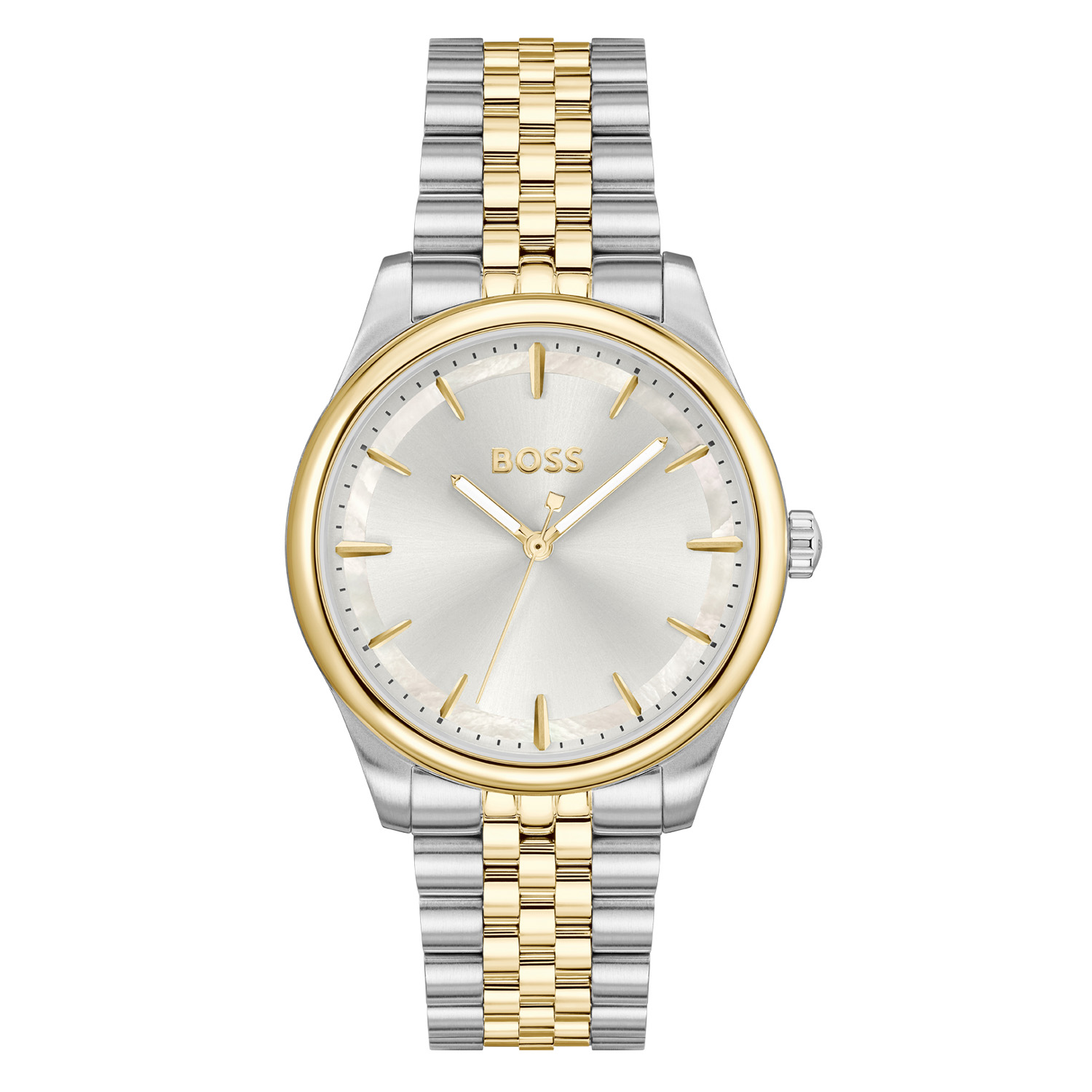BOSS HB1502779 GRACEFUL Dameshorloge 36mm 
Dit BOSS horloge uit de GRACEFUL serie met artikelnr: HB1502779 heeft een luxe uitstraling. Zeer geschikt voor de moderne stijlvolle vrouw van nu. Het dameshorloge valt op door zijn stalen horlogekast met een gladde goudkleurige bezel en een zilverwitte sunray wijzerplaat met een parelmoer buitenrand. Opvallend zijn de fijne wijzers en het strakke BOSS logo. Aan de kast zit een stalen mat glanzende bicolor schakelband met een vouwsluiting. Het horloge heeft een doorsnee van 36mm met een mineraalglas en is 3ATM. 

HET MERK:
HUGO BOSS is afgestemd op levensstijlen waar het gaat om kwaliteit en precisie. Het wereldwijde fashionlabel is verdeeld in twee merken: BOSS en HUGO. Het merk BOSS biedt geavanceerde, moderne horloges gericht op kwaliteit en design om een onberispelijke look te cre&euml;ren &ndash; of het nu zakelijk, casual of sportief is. De horloge collectie van BOSS is perfect afgestemd op levensstijlen waar het gaat om kwaliteit en precisie. BOSS is op maat gemaakt in een onberispelijke stijl.

Blijf stijlvol bij de tijd. Voor de BOSS-vrouw is stijl het handelsmerk en draait alles om
details. Breng uw look naar een hoger niveau met onze nieuwe en kenmerkende horlogecollectie.

SPECIFICATIES:
- Mineraalglas
- Ronde kastvorm, &Oslash; 36mm
- Stalen horlogekast
- Zilverwitte wijzerplaat
- Stalen schakelband
- 3ATM