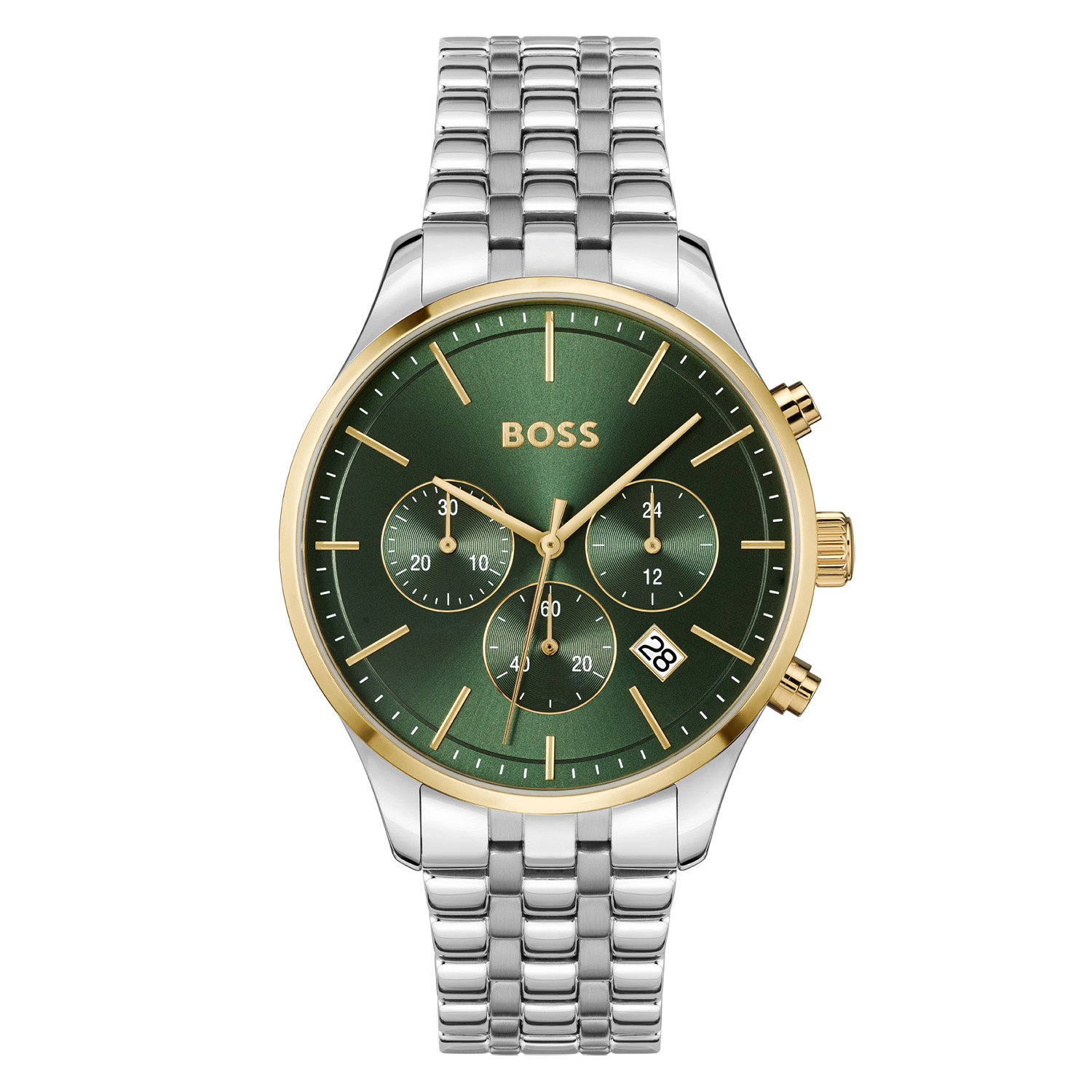 BOSS HB1514159 AVERY Herenhorloge 42mm 
Dit BOSS horloge uit de AVERY serie met artikelnr: HB1514159 heeft een nette sportieve uitstraling. Zeer geschikt voor de moderne stijlvolle man van nu. Het stalen herenhorloge valt op door zijn stalen horlogekast met een goudkleurige bezel en een groene sunray wijzerplaat met een chronograaf en datum. Opvallend zijn de fijne wijzers en fijne streepjes op de uren. Aan de kast zit een stalen schakelband met vouwsluiting. De kast van het horloge heeft een doorsnee van 42mm met mineraalglas en is 5ATM. 

HET MERK:
HUGO BOSS is afgestemd op levensstijlen waar het gaat om kwaliteit en precisie. Het wereldwijde fashionlabel is verdeeld in twee merken: BOSS en HUGO. Het merk BOSS biedt geavanceerde, moderne horloges gericht op kwaliteit en design om een onberispelijke look te cre&euml;ren &ndash; of het nu zakelijk, casual of sportief is. De horloge collectie van BOSS is perfect afgestemd op levensstijlen waar het gaat om kwaliteit en precisie. BOSS is op maat gemaakt in een onberispelijke stijl.

Blijf stijlvol bij de tijd. Voor de BOSS-vrouw is stijl het handelsmerk en draait alles om
details. Breng uw look naar een hoger niveau met onze nieuwe en kenmerkende horlogecollectie.

SPECIFICATIES:
- Mineraalglas
- Ronde kastvorm, &Oslash; 42mm
- Stalen horlogekast
- Groene wijzerplaat
- Stalen schakelband