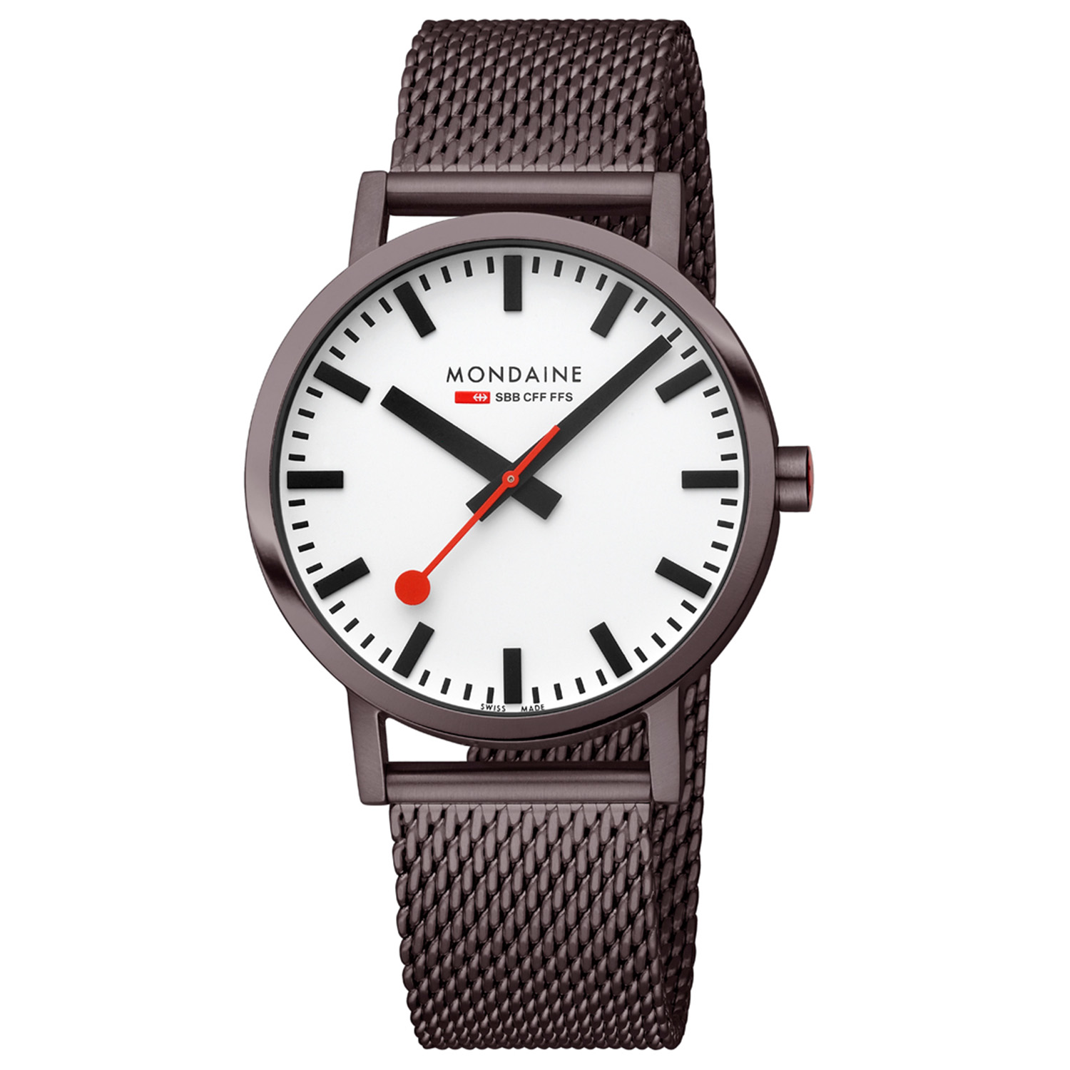 Mondaine Classic M660.30360.1BSBZ - Horloge - Mesh - Bruin - 40mm
Dit unieke Mondaine horloge met nummer: M660.30360.1BSBZ uit de Classic serie heeft een sportief uiterlijk. Het horloge is geschikt voor mannen en vrouwen. De bruine matte horlogekast heeft een strakke gladde rand met een witte wijzerplaat. Op de wijzerplaat is de uursaanduiding met zwarte strepen duidelijk zichtbaar en als blikvanger draait de rode secondewijzer sierlijk in het rond, net als de wel bekende stationsklok. Het horloge is voorzien van BackLight, een gepatenteerde Mondaine-technologie, waardoor de tijd ook in het donker afleesbaar is. Aan het stijlvolle kastje zit een bruine meshband met easy-click systeem en een druksluiting. Het horloge is Swiss Made, heeft een gehard mineraalglas, een doorsnee van 40mm en is 5ATM. 

Het Merk:
The Official Swiss Railway Watch. Gebaseerd op de offici&euml;le stationsklok van de Zwitserse spoorwegen, is 30 jaar geleden de horlogelijn onder het merk Mondaine opgezet. Zwitserse kwaliteitsuurwerken, net zo punctueel als de Zwitserse treinen. Een echte design klassieker met een unieke wijzerplaat en de wereldberoemde rode secondewijzer met bolletje. Herkenbaar uit duizenden.

Specificaties:
- Gehard mineraalglas
- Witte wijzerplaat
- Swiss Made
- 5ATM (Regen- & spatwaterdicht)
- 40mm
- Stale bruine meshband