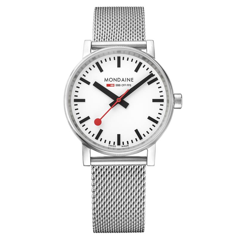 Mondaine - MSE.35110.SM - Evo2
Dit design dameshorloge uit de Mondaine Evo2 serie is een stijlvol horloge uit de eerste &lsquo;Official Swiss Railway Watch&rsquo; serie. Het horloge heeft krasvast saffierglas en een matte licht gebolde horlogekast met een kastdiameter van 35 mm. De band van het horloge is van Milanees gevlochten staal. De stalen band is gemakkelijk op maat te maken d.m.v. een schroevendraaier. Duw het klepje omhoog en plaats de sluiting op de juiste positie. Na het dichtduwen van het klepje is het horloge opnieuw klaar voor gebruik!

HET MERK 
The Official Swiss Railway Watch. Gebaseerd op de offici&euml;le stationsklok van de Zwitserse spoorwegen, is 30 jaar geleden de horlogelijn onder het merk Mondaine opgezet. Zwitserse kwaliteitsuurwerken, net zo punctueel als de Zwitserse treinen. 
Een echte design klassieker met een unieke wijzerplaat en de wereldberoemde rode secondewijzer met bolletje. Herkenbaar uit duizenden.

SPECIFICATIES
- Krasvast saffierglas
- Licht gebolde kastvorm, &Oslash; 35 mm
- Matte stalen horlogekast
- Witte wijzerplaat van de originele stationsklok
- Milanees gevlochten stalen horlogeband
- Horlogeband gemakkelijk op maat te maken
- Swiss Made

INKORTEN BAND
De band van het horloge is gemakkelijk op maat te maken d.m.v. een schroevendraaier. Duw het klepje omhoog en plaats de sluiting op de juiste positie. Na het dichtduwen van het klepje is het horloge opnieuw klaar voor gebruik! U kunt dit zo vaak doen als nodig.