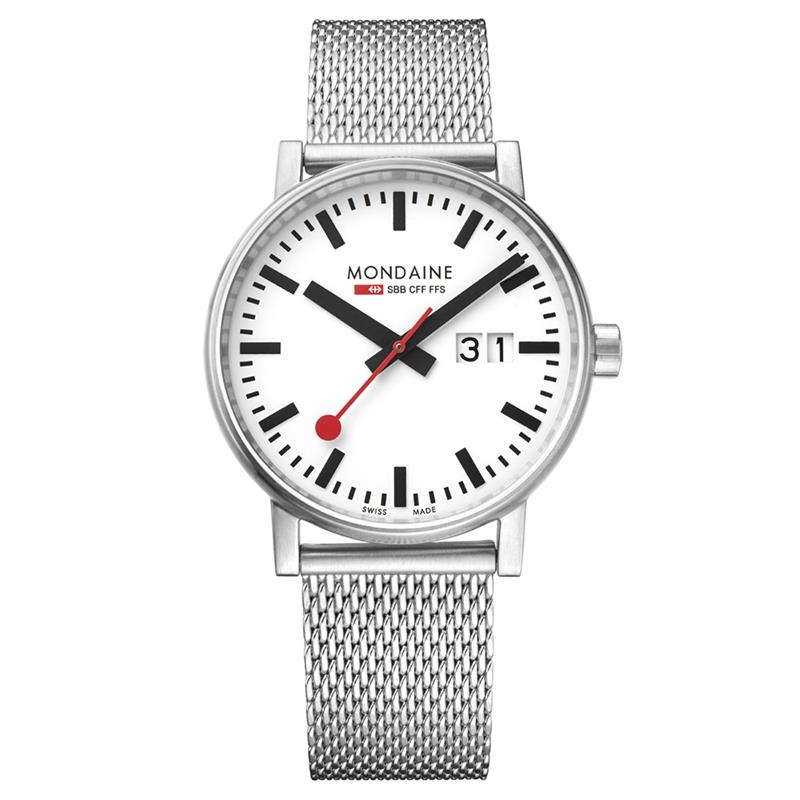 Mondaine - MSE.40210.SM - Evo2
Dit design herenhorloge uit de Mondaine Evo2 serie is een stijlvol horloge met datumaanduiding uit de eerste &lsquo;Official Swiss Railway Watch&rsquo; serie. Het horloge heeft krasvast saffierglas en een matte licht gebolde horlogekast met een kastdiameter van 40 mm. De band van het horloge is van Milanees gevlochten staal. De stalen band is gemakkelijk op maat te maken d.m.v. een schroevendraaier. Duw het klepje omhoog en plaats de sluiting op de juiste positie. Na het dichtduwen van het klepje is het horloge opnieuw klaar voor gebruik!

HET MERK 
The Official Swiss Railway Watch. Gebaseerd op de offici&euml;le stationsklok van de Zwitserse spoorwegen, is 30 jaar geleden de horlogelijn onder het merk Mondaine opgezet. Zwitserse kwaliteitsuurwerken, net zo punctueel als de Zwitserse treinen. 
Een echte design klassieker met een unieke wijzerplaat en de wereldberoemde rode secondewijzer met bolletje. Herkenbaar uit duizenden.

SPECIFICATIES
- Duidelijke datumaanduiding
- Krasvast saffierglas
- Licht gebolde kastvorm, &Oslash; 40 mm
- Matte stalen horlogekast
- Witte wijzerplaat van de originele stationsklok
- Milanees gevlochten stalen horlogeband
- Horlogeband gemakkelijk op maat te maken
- Swiss Made

INKORTEN BAND
De band van het horloge is gemakkelijk op maat te maken d.m.v. een schroevendraaier. Duw het klepje omhoog en plaats de sluiting op de juiste positie. Na het dichtduwen van het klepje is het horloge opnieuw klaar voor gebruik! U kunt dit zo vaak doen als nodig.