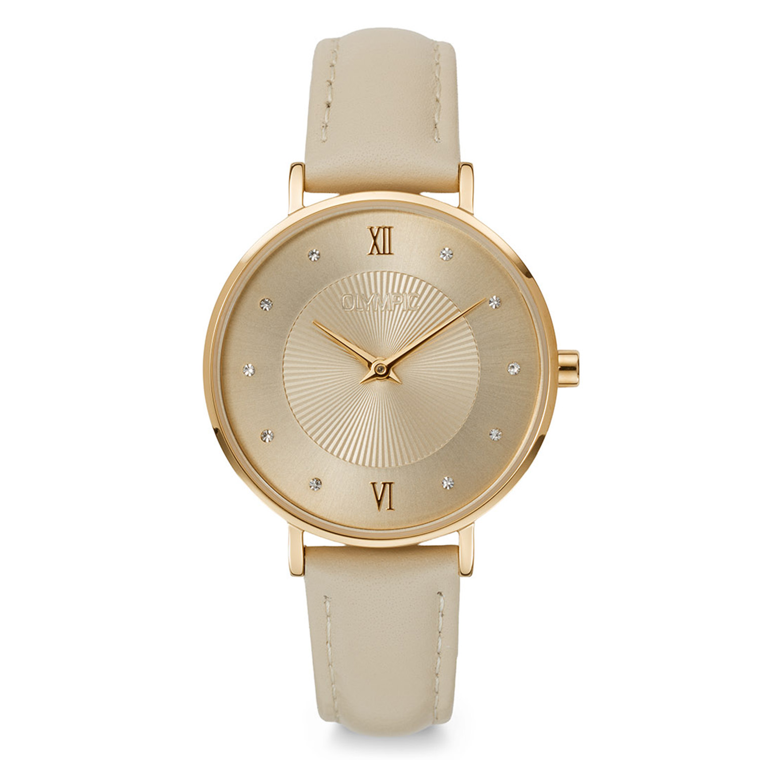 Olympic OL1DDL001 Soline Horloge Dames Staal 32mm 
Dit unieke Olympic model met artikelnummer: OL1DDL001 is een fijn dameshorloge. Het horloge heeft een goudkleurige stalen kast met een champagnekleurige bewerkte sunray wijzerplaat met kristallen als uursaanduiding. Aan de kast zit een beige lerenband met een gespsluiting. Het horloge heeft een mineraalglas, een doorsnee van 32mm en is 5ATM.

Het merk:
Een mooi horloge hoeft niet duur te zijn! Het Nederlandse horlogemerk Olympic levert stoere chronografen, slimline series, digitale uurwerken en elegante dameshorloges. De prijs-kwaliteitverhouding staat bij Olympic hoog in het vaandel met prijzen die uiteenlopen van &euro; 34,95 tot en met &euro; 169,00.

100% Nederlands ontwerp, waterdicht en standaard 3 jaar fabrieksgarantie.

Specificaties:
- Ronde kast &Oslash; 32mm
- Champagnekleurige wijzerplaat
- Beige lerenband
- 5ATM
- Standaard 3 jaar fabrieksgarantie
- Mineraalglas