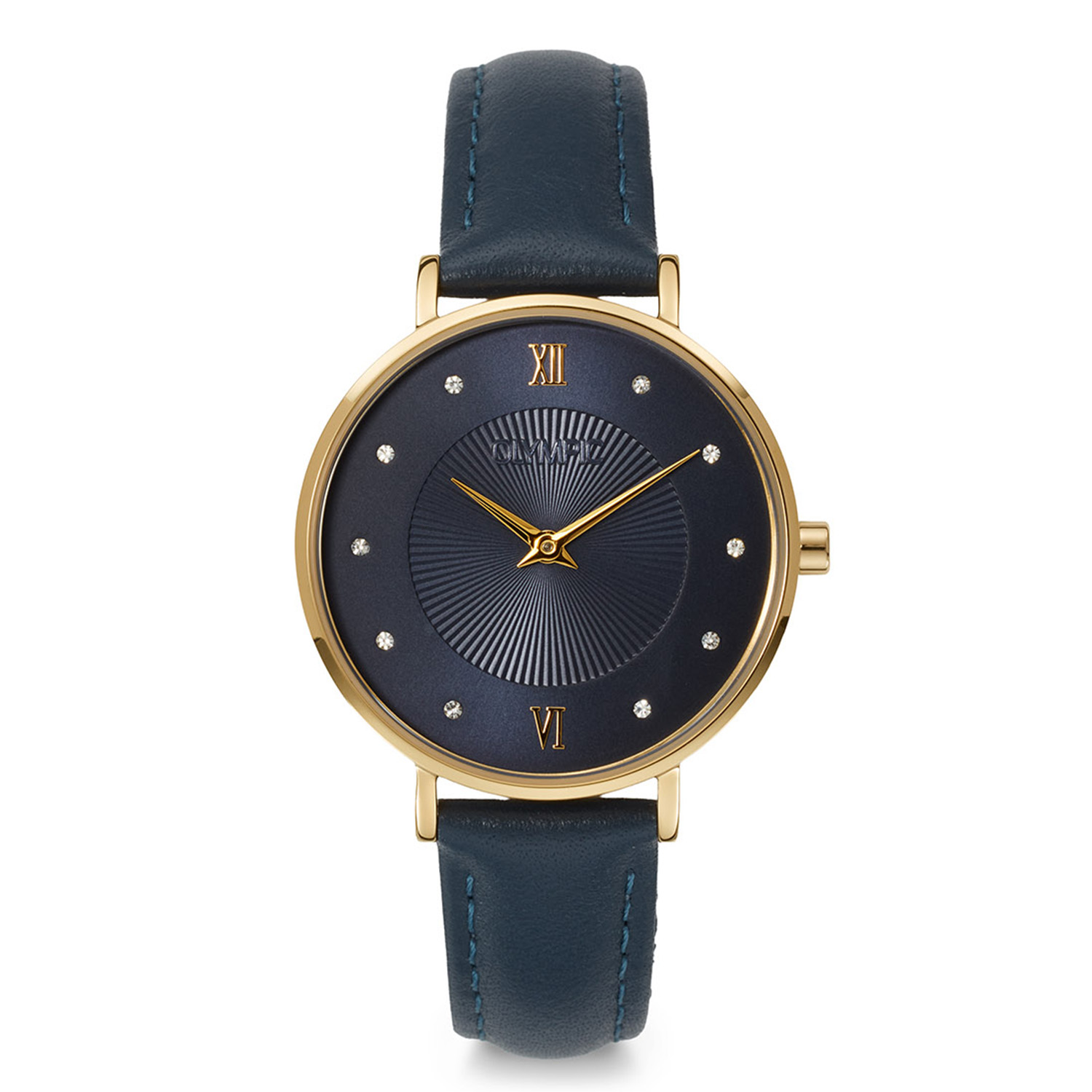 Olympic OL1DDL003 Soline Horloge Dames Staal 32mm 
Dit unieke Olympic model met artikelnummer: OL1DDL003 is een fijn dameshorloge. Het horloge heeft een goudkleurige stalen kast met een blauwe bewerkte sunray wijzerplaat met kristallen als uursaanduiding. Aan de kast zit een blauwe lerenband met een gespsluiting. Het horloge heeft een mineraalglas, een doorsnee van 32mm en is 5ATM.

Het merk:
Een mooi horloge hoeft niet duur te zijn! Het Nederlandse horlogemerk Olympic levert stoere chronografen, slimline series, digitale uurwerken en elegante dameshorloges. De prijs-kwaliteitverhouding staat bij Olympic hoog in het vaandel met prijzen die uiteenlopen van &euro; 34,95 tot en met &euro; 169,00.

100% Nederlands ontwerp, waterdicht en standaard 3 jaar fabrieksgarantie.

Specificaties:
- Ronde kast &Oslash; 32mm
- Blauwe wijzerplaat
- Blauwe lerenband
- 5ATM
- Standaard 3 jaar fabrieksgarantie
- Mineraalglas