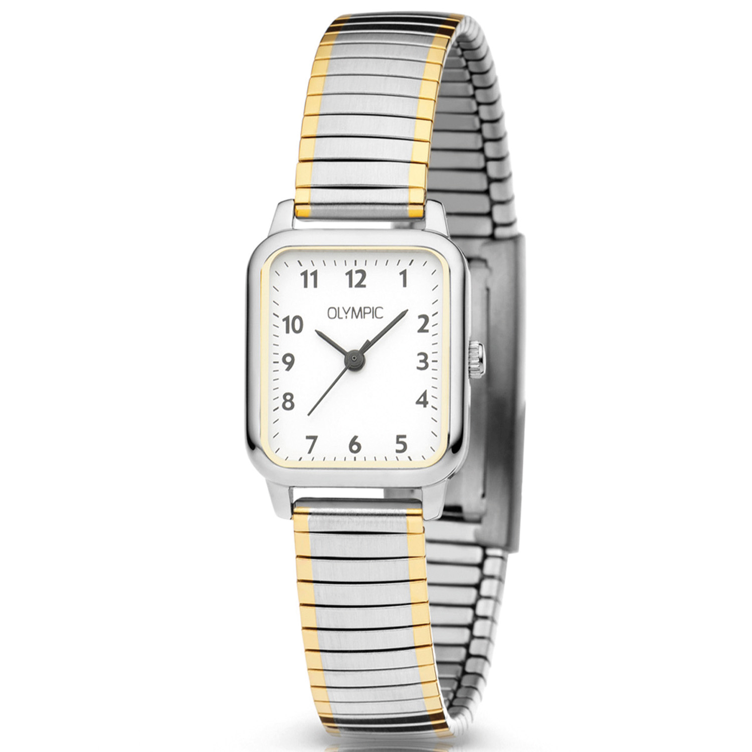 Dit unieke Olympic horloge is een klassiek dameshorloge. Het stalen rechthoekige kastje heeft witte wijzerplaat met zwarte arabische cijfers en wijzers. Aan het horloge zit een bi-color rekband. Het horloge heeft een mineraalglas, een afmeting van 20.4 bij 23.4 mm en is 5 ATM.

Waterdichtheid 5 ATM
Dit horloge is bestand tegen water bij het zwemmen en douchen. Dit horloge is niet bestand tegen (grote) waterdruk dus je kunt er niet mee duiken.

Het merk:
Een mooi horloge hoeft niet duur te zijn! Het Nederlandse horlogemerk Olympic levert stoere chronografen, slimline series, digitale uurwerken en elegante dameshorloges.

100% Nederlands ontwerp, waterdicht en standaard 3 jaar fabrieksgarantie.

Specificaties:
- Rechthoekige kast
- Zilverkleurige horlogekast
- Witte wijzerplaat
- Bi-color rekband
- 5 ATM (Regen- & spatwaterdicht)
- Standaard 3 jaar fabrieksgarantie
- Mineraalglas