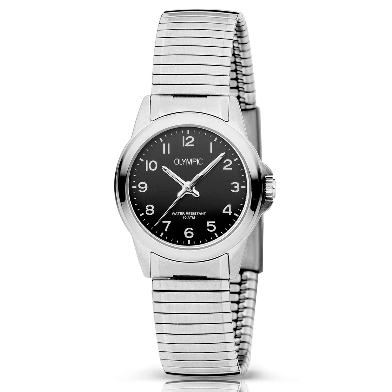 Olympic OL26DSS144 CHARLIE - Horloge - Staal - Zwart - Rekband - 27mm
Dit unieke Olympic horloge met artikelnummer: OL26DSS144 is een klassiek dameshorloge. Het horloge heeft een geborstelde matte zilverkleurige kast met een zwarte wijzerplaat en witte arabische cijfers en witte wijzers. Aan het horloge zit een mat/glimmende stalen rekband zonder sluiting. Het horloge heeft een mineraalglas, een afmeting van 27mm en is 10 ATM. Zeer geschikt voor oudere mensen en klanten die moeite hebben met sluitingen.

Waterdichtheid 10 ATM
Dit horloge is bestand tegen water bij het zwemmen en douchen. Dit horloge is niet bestand tegen (grote) waterdruk dus je kunt er niet mee duiken.

Het merk:
Een mooi horloge hoeft niet duur te zijn! Het Nederlandse horlogemerk Olympic levert stoere chronografen, slimline series, digitale uurwerken en elegante dameshorloges. De prijs-kwaliteitverhouding staat bij Olympic hoog in het vaandel met prijzen die uiteenlopen van &euro; 34,95 tot en met &euro; 139,00.

100% Nederlands ontwerp, waterdicht en standaard 3 jaar fabrieksgarantie.

Specificaties:
- Ronde kast
- Zilverkleurige horlogekast
- Zwarte wijzerplaat 
- Zilverkleurige rekband
- 10 ATM (Regen- & spatwaterdicht)
- Standaard 3 jaar fabrieksgarantie
- Mineraalglas