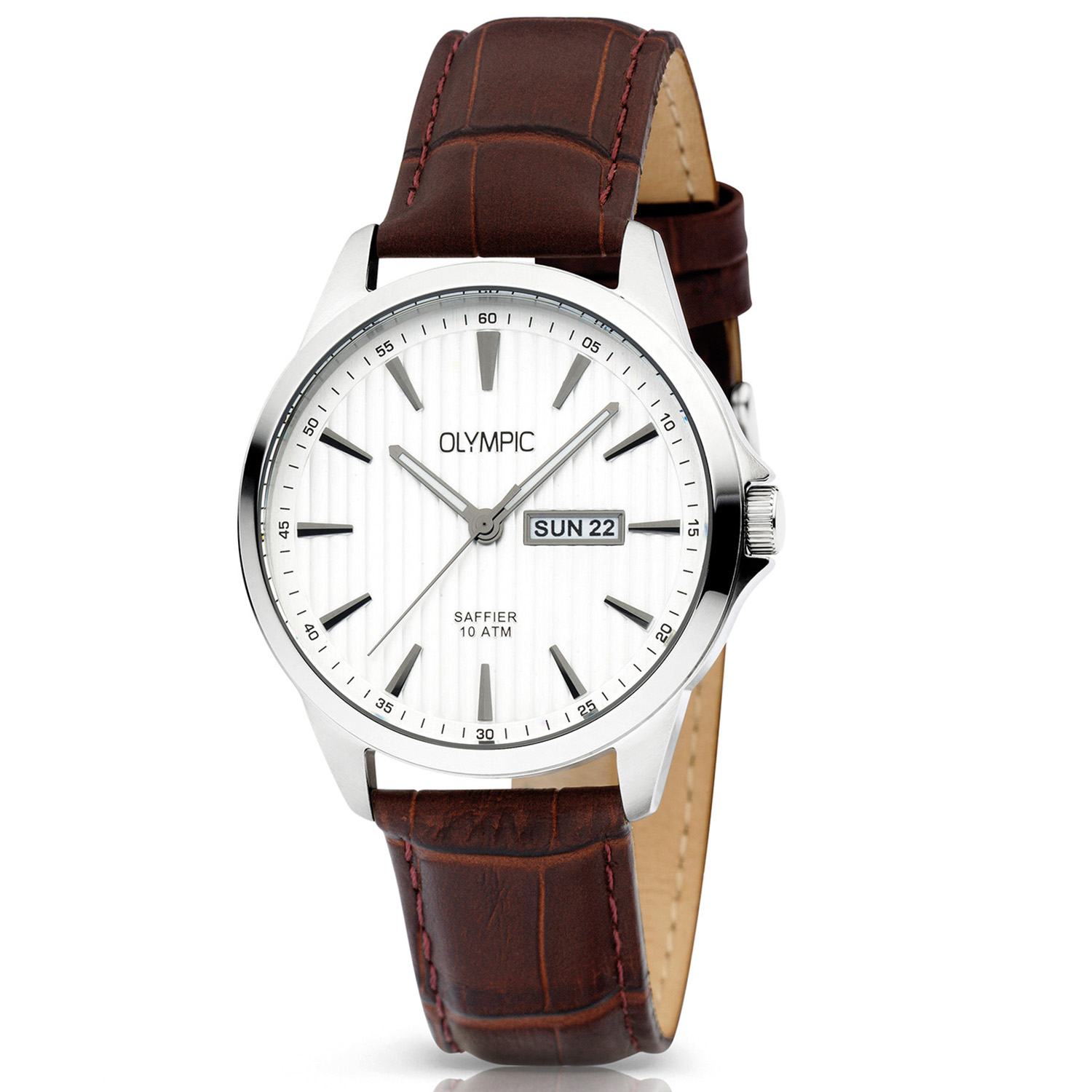 Olympic OL26HSL077 JOHN Horloge - Staal - Leer - Zilver - 41mm
Dit unieke Olympic horloge met artikelnummer: OL26HSL077 is een klassiek horloge. De ronde stalen kast heeft een gladde bezel en een zilverkleurige wijzerplaat met een dag,- en datum aanduiding. Aan de kast zit een bruine lerenband met een gespsluiting. Het horloge heeft een saffierglas een doorsnee van 41mm en is 10ATM. 

Waterdichtheid 10ATM
Dit horloge is bestand tegen water bij het zwemmen en douchen. Dit horloge is niet bestand tegen (grote) waterdruk dus je kunt er niet mee duiken.
Waterdichtheid  5ATM
Dit horloge is regen en spatwaterdicht. Niet geschikt om mee te zwemmen en douchen.
Waterdichtheid 3ATM
Dit horloge is spatwaterdicht. Niet geschikt om mee te zwemmen en douchen.

Het merk:
Een mooi horloge hoeft niet duur te zijn! Het Nederlandse horlogemerk Olympic levert stoere chronografen, slimline series, digitale uurwerken en elegante dameshorloges. De prijs-kwaliteitverhouding staat bij Olympic hoog in het vaandel met prijzen die uiteenlopen van &euro; 34,95 tot en met &euro; 159,00.

100% Nederlands ontwerp, waterdicht en standaard 3 jaar fabrieksgarantie.

Specificaties:
- Ronde kast 41mm
- Stalen horlogekast
- Zilverkleurige wijzerplaat
- Bruine leren band
- 10ATM 
- Standaard 3 jaar fabrieksgarantie
- Saffierglas