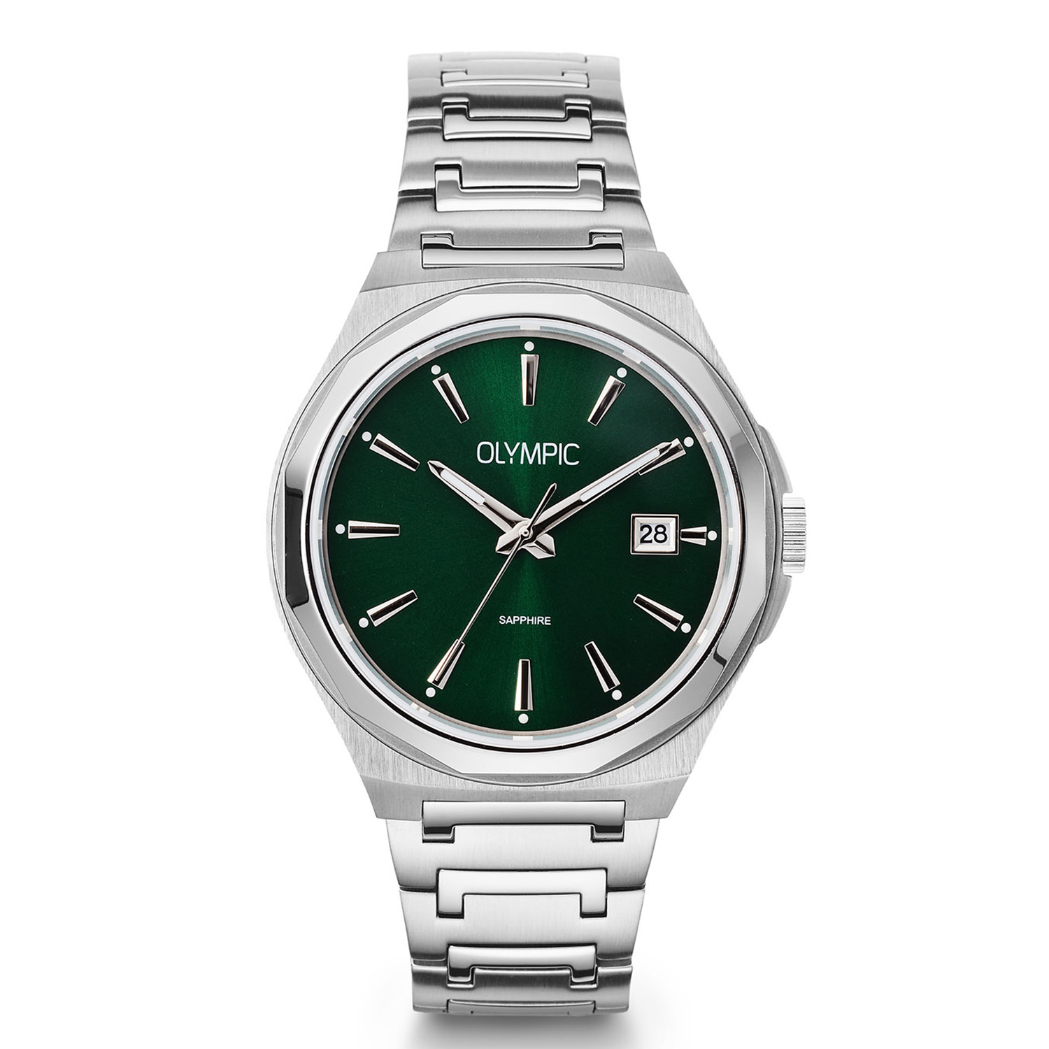 Dit Olympische herenhorloge, heeft een groene wijzerplaat en een zilverkleurige roestvrijstalen kast van 44mm. Het beschikt over een analoge weergave, quartz uurwerk, datumfunctie en saffierglas. Waterbestendig tot 5 ATM. De zilverkleurige roestvrijstalen band is 18mm breed. Ideaal voor dagelijks gebruik en formele gelegenheden. Draag met zelfvertrouwen en stijl.