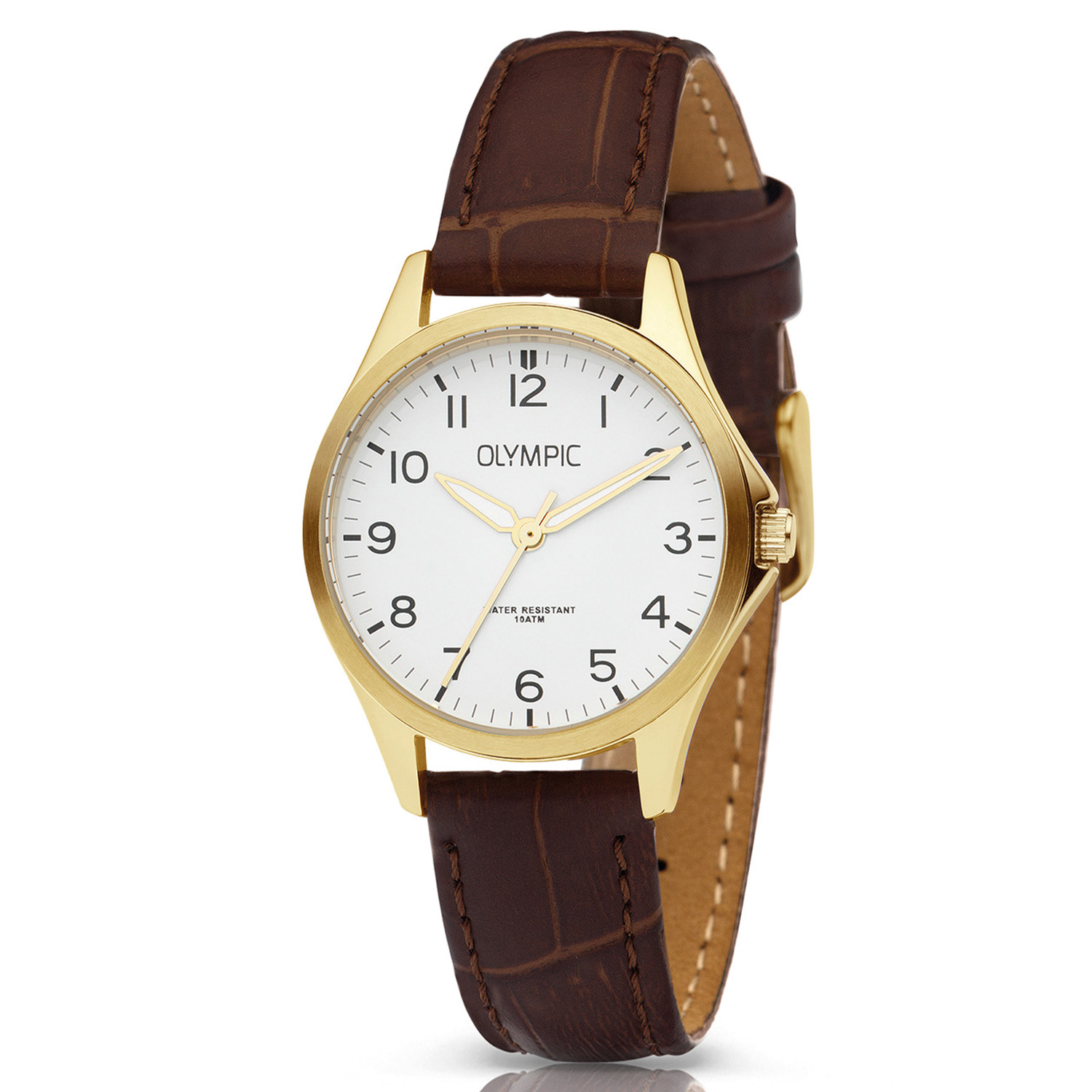 Olympic OL72DDL003 ROBIN - Horloge - Staal - Goudkleurig - Leer - 29mm
Dit unieke Olympic horloge met artikelnummer: OL72DDL003 is een klassiek dameshorloge. De goudkleurige stalen kast heeft een witte wijzerplaat met opvallende Arabische cijfers. Aan het horloge zit een bruine leren band met een goudkleurige gesp. Het horloge heeft een mineraalglas, een afmeting van 29mm en is 10 ATM.

Waterdichtheid 10 ATM
Dit horloge is bestand tegen water bij het zwemmen en douchen. Dit horloge is niet bestand tegen (grote) waterdruk dus je kunt er niet mee duiken.

Het merk:
Een mooi horloge hoeft niet duur te zijn! Het Nederlandse horlogemerk Olympic levert stoere chronografen, slimline series, digitale uurwerken en elegante dameshorloges. De prijs-kwaliteitverhouding staat bij Olympic hoog in het vaandel met prijzen die uiteenlopen van &euro; 34,95 tot en met &euro; 139,00.

100% Nederlands ontwerp, waterdicht en standaard 3 jaar fabrieksgarantie.

Specificaties:
- Goudkleurige horlogekast
- Witte wijzerplaat
- Bruine leren band
- 10 ATM (Regen- & spatwaterdicht)
- Standaard 3 jaar fabrieksgarantie
- Mineraalglas