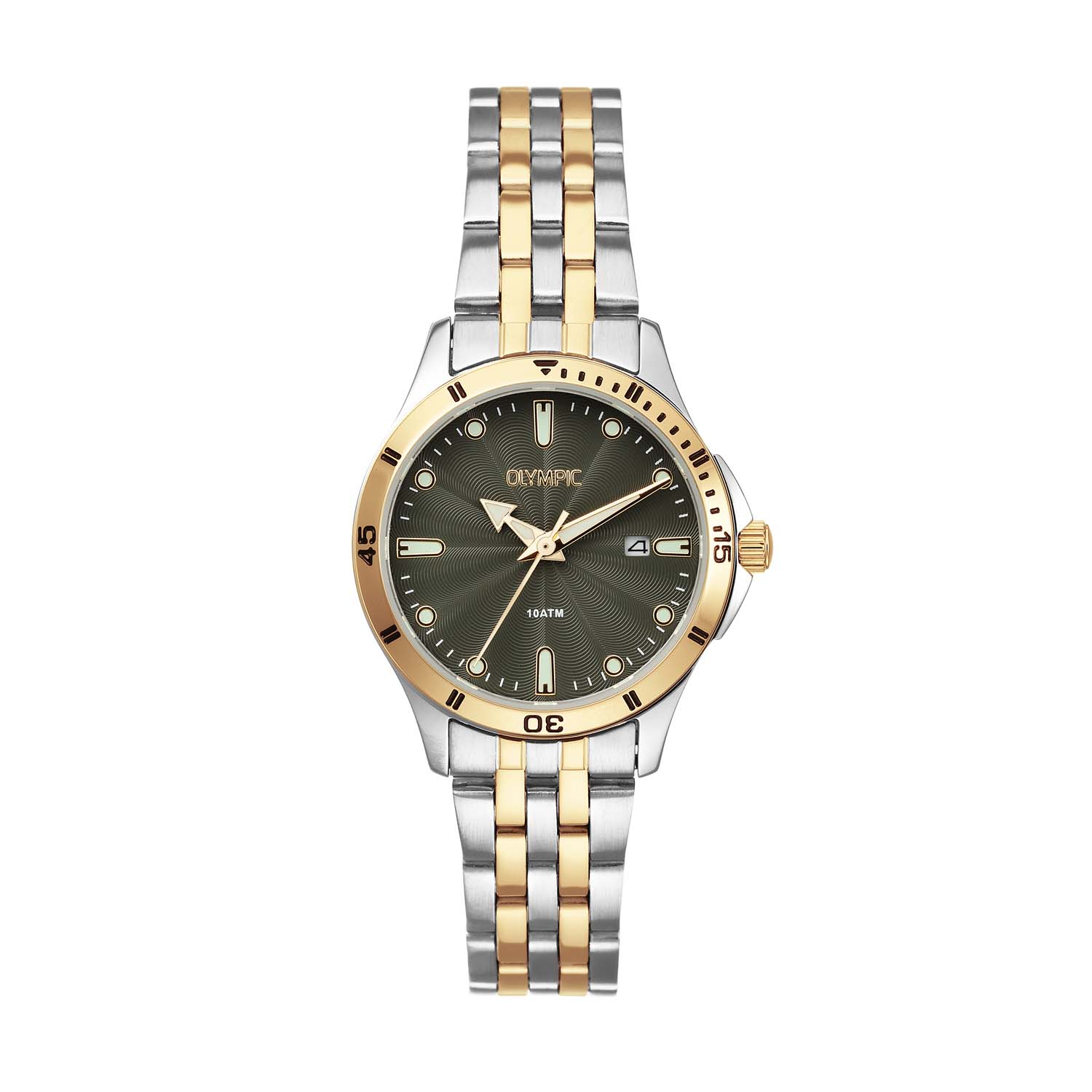 Olympic OL72DSS113B Quinn Horloge Staal 28mm 
Dit unieke Olympic horloge met artikelnummer: OL72DSS113B is een dameshorloge met een classic sportieve uitstraling. Het horloge heeft een ronde stalen kast met een goudkleurige bezel, een groene wijzerplaat met een datum, witte strepen en stippen ingelegd met lumibrite. Aan de kast zit een stalen bicolor schakelband met vouwsluiting. Het horloge heeft een mineraalglas, een doorsnee van 28mm en is 10ATM.

Het merk:
Een mooi horloge hoeft niet duur te zijn! Het Nederlandse horlogemerk Olympic levert stoere chronografen, slimline series, digitale uurwerken en elegante dameshorloges. De prijs-kwaliteitverhouding staat bij Olympic hoog in het vaandel met prijzen die uiteenlopen van &euro; 34,95 tot en met &euro; 159,00.

100% Nederlands ontwerp, waterdicht en standaard 3 jaar fabrieksgarantie.

Specificaties:
- Ronde kast &Oslash; 28mm
- Stalen horlogekast
- Groene wijzerplaat
- Stalen schakelband
- 10ATM 
- Standaard 3 jaar fabrieksgarantie
- Mineraalglas