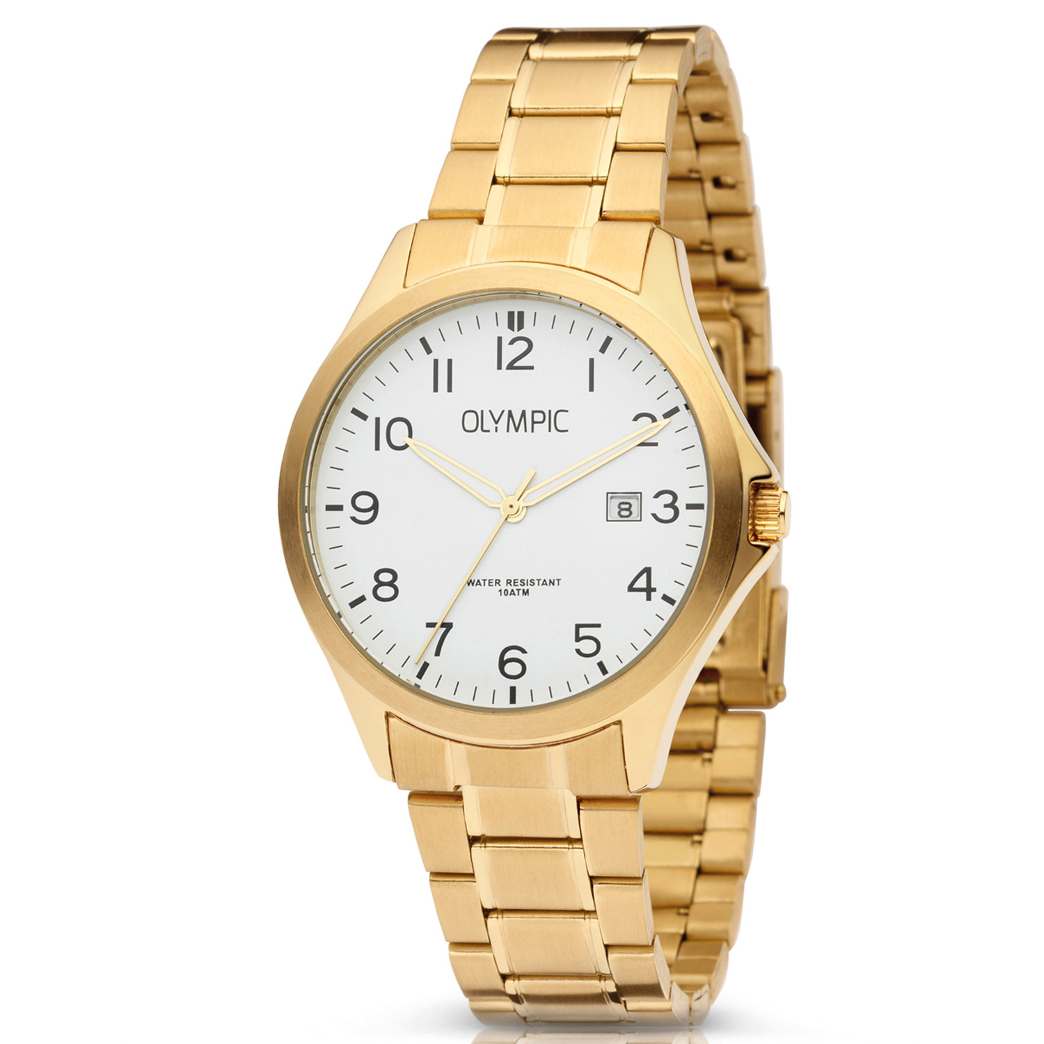 Olympic OL72HDD008 ROBIN - Horloge - Staal - Goudkleurig - 40mm
Dit unieke Olympic horloge met artikelnummer: OL72HDD008 is een opvallend herenhorloge. De goudkleurige stalen kast heeft een witte wijzerplaat met opvallende Arabische cijfers en een datumaanduiding. Aan het horloge zit een goudkleurige stalen schakelband met een vouwsluiting. Het horloge heeft een mineraalglas, een afmeting van 40mm en is 10 ATM.

Waterdichtheid 10 ATM
Dit horloge is bestand tegen water bij het zwemmen en douchen. Dit horloge is niet bestand tegen (grote) waterdruk dus je kunt er niet mee duiken.

Het merk:
Een mooi horloge hoeft niet duur te zijn! Het Nederlandse horlogemerk Olympic levert stoere chronografen, slimline series, digitale uurwerken en elegante dameshorloges. De prijs-kwaliteitverhouding staat bij Olympic hoog in het vaandel met prijzen die uiteenlopen van &euro; 34,95 tot en met &euro; 139,00.

100% Nederlands ontwerp, waterdicht en standaard 3 jaar fabrieksgarantie.

Specificaties:
- Goudkleurige horlogekast
- Witte wijzerplaat
- Goudkleurige schakelband
- 10 ATM (Regen- & spatwaterdicht)
- Standaard 3 jaar fabrieksgarantie
- Mineraalglas
