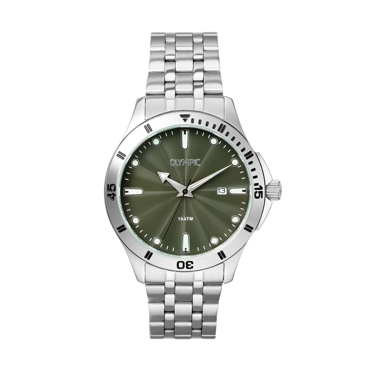 Olympic OL72HSS408 Quinn Horloge Staal 41mm 
Dit unieke Olympic horloge met artikelnummer: OL72HSS408 is een herenhorloge met een classic sportieve uitstraling. Het horloge heeft een ronde stalen kast met een groene wijzerplaat met een datum, witte strepen en stippen ingelegd met lumibrite. Aan de kast zit een stalen schakelband met vouwsluiting. Het horloge heeft een mineraalglas, een doorsnee van 41mm en is 10ATM.

Het merk:
Het Nederlandse horlogemerk Olympic levert stoere chronografen, slimline series, digitale uurwerken en elegante dameshorloges. De prijs-kwaliteitverhouding staat bij Olympic hoog in het vaandel met prijzen die uiteenlopen van &euro; 34,95 tot en met &euro; 159,00.

100% Nederlands ontwerp, waterdicht en standaard 3 jaar fabrieksgarantie.

Specificaties:
- Ronde kast &Oslash; 41mm
- Stalen horlogekast
- Groene wijzerplaat
- Stalen schakelband
- 10ATM 
- Standaard 3 jaar fabrieksgarantie
- Mineraalglas