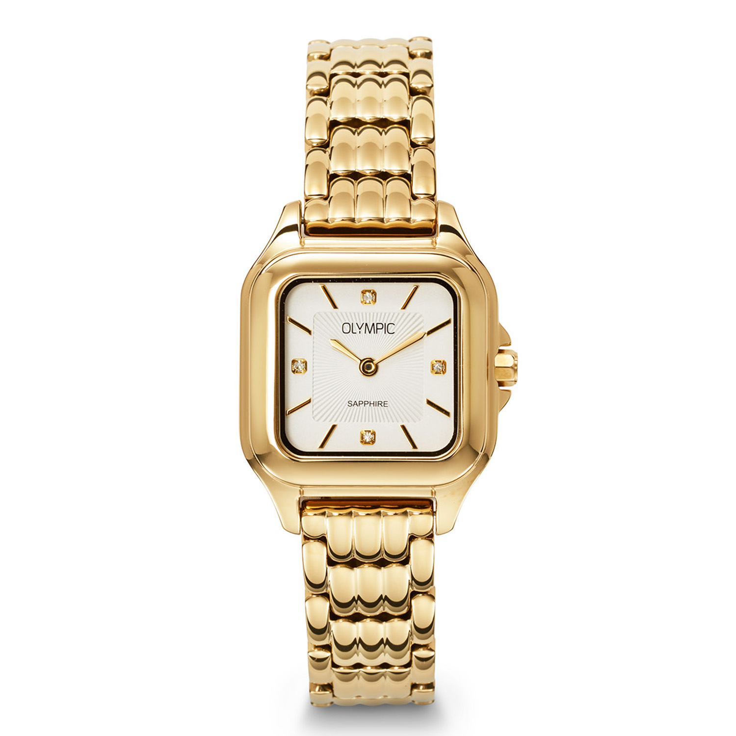 
Dit unieke Olympic model met artikelnummer: OL73DDD003 is een chique dameshorloge. Het horloge heeft een stalen vierkante goudkleurige kast met een opvallende goudkleurige bezel en een zilverwitte wijzerplaat met strepen en kristallen als uursaanduiding. Aan de kast zit een goudkleurige stalen schakelband met een druksluiting. Het horloge heeft een saffierglas, een doorsnee van 26mm en is 5ATM.


