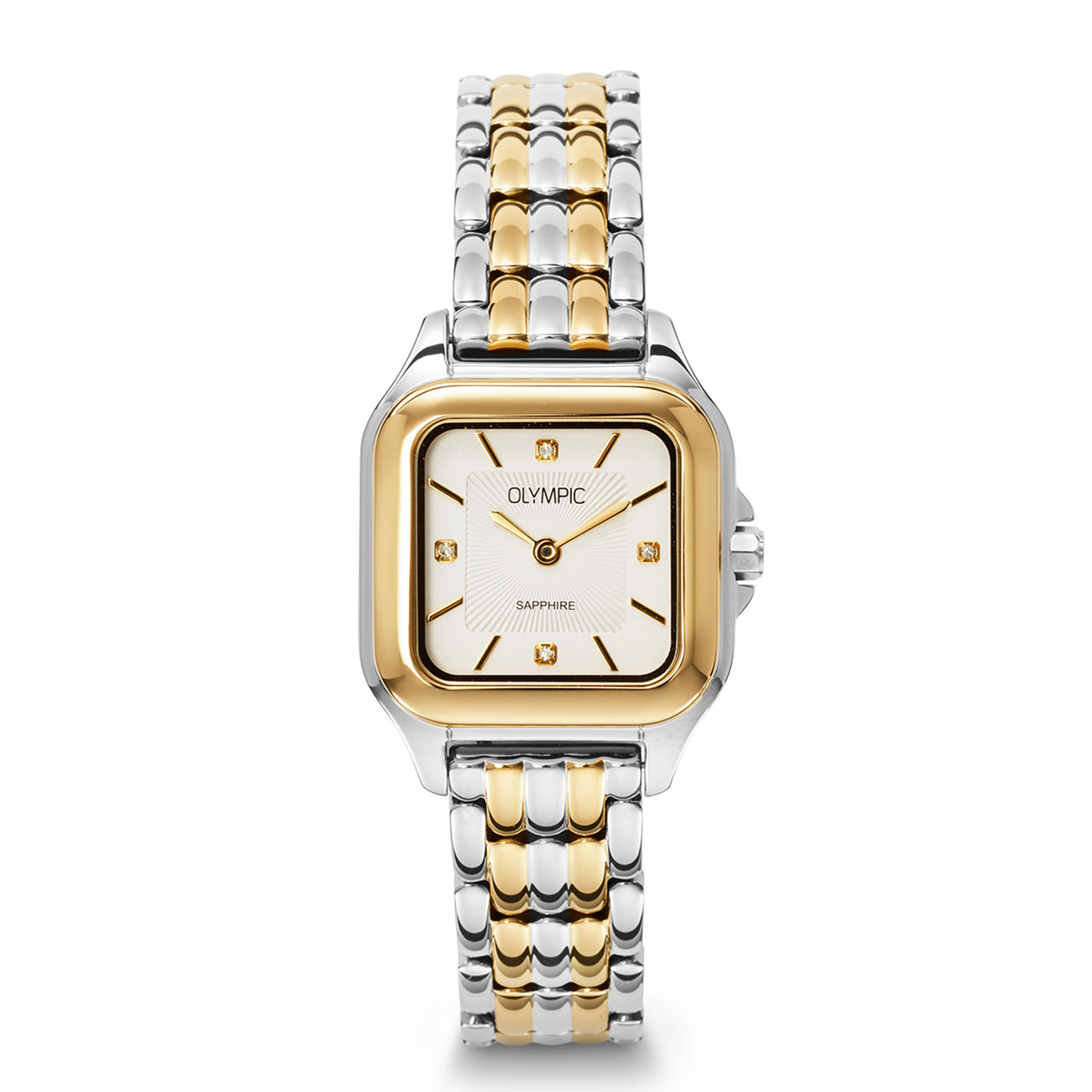 Olympic OL73DSS008B Radiant Horloge Dames Staal 26mm 
Dit unieke Olympic model met artikelnummer: OL73DSS008B is een chique dameshorloge. Het horloge heeft een stalen vierkante kast met een goudkleurige bezel en een zilverwitte wijzerplaat met strepen en romeinse cijfers. Aan de kast zit een bicolor stalen schakelband met een druksluiting. Het horloge heeft een saffierglas, een doorsnee van 26mm en is 5ATM.

Het merk:
Een mooi horloge hoeft niet duur te zijn! Het Nederlandse horlogemerk Olympic levert stoere chronografen, slimline series, digitale uurwerken en elegante dameshorloges. De prijs-kwaliteitverhouding staat bij Olympic hoog in het vaandel met prijzen die uiteenlopen van &euro; 34,95 tot en met &euro; 169,00.

100% Nederlands ontwerp, waterdicht en standaard 3 jaar fabrieksgarantie.

Specificaties:
- Vierkante kast 26mm
- Zilverwitte wijzerplaat
- Stalen bicolor schakelband
- 5ATM 
- Standaard 3 jaar fabrieksgarantie
- Saffierglas