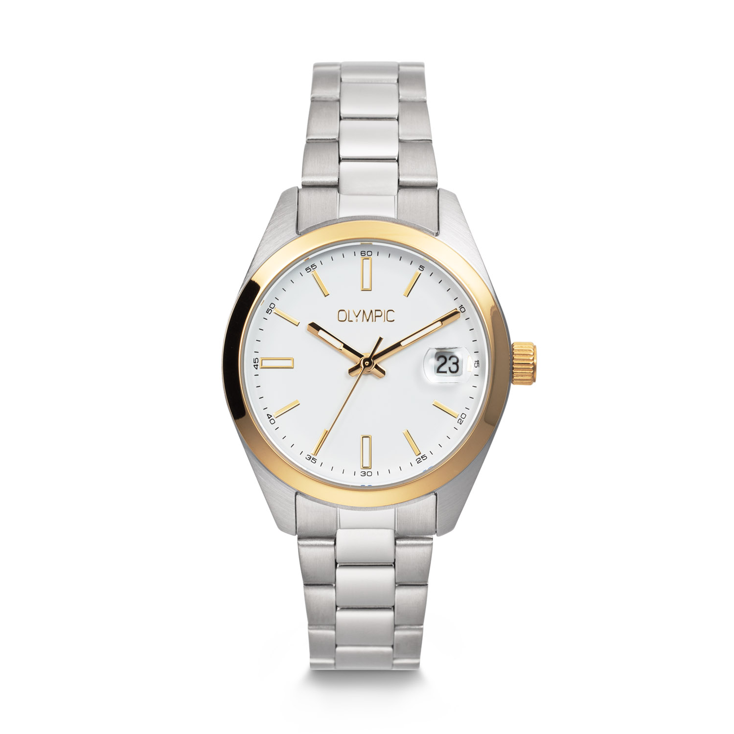 Olympic OL75DSS004B Louise Horloge Dames Staal 33mm 
Dit unieke Olympic horloge met artikelnummer: OL75DSS004B is een classic dameshorloge. Het horloge heeft een stalen kast met een glanzende goudkleurige bezel, een witte wijzerplaat met streepjes als uursaanduiding en een datum. Aan de kast zit een stalen schakelband met een vouwsluiting. Het horloge heeft een mineraalglas, een doorsnee van 33mm en is 5ATM.

Het merk:
Het Nederlandse horlogemerk Olympic levert stoere chronografen, slimline series, digitale uurwerken en elegante dameshorloges. De prijs-kwaliteitverhouding staat bij Olympic hoog in het vaandel met prijzen die uiteenlopen van &euro; 34,95 tot en met &euro; 159,00.

100% Nederlands ontwerp, waterdicht en standaard 3 jaar fabrieksgarantie.

Specificaties:
- Ronde kast &Oslash; 33mm
- Stalen horlogekast
- Witte wijzerplaat
- Stalen schakelband
- 5ATM 
- Standaard 3 jaar fabrieksgarantie
- Mineraalglas