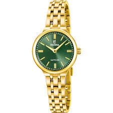 Damesuurwerk in plaque met metaalband plaque. Het uurwerk heeft een groene wijzerplaat met index