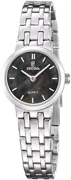 Damesuurwerk  in staal met metaalband. De wijzerplaat is in donker nacre met index