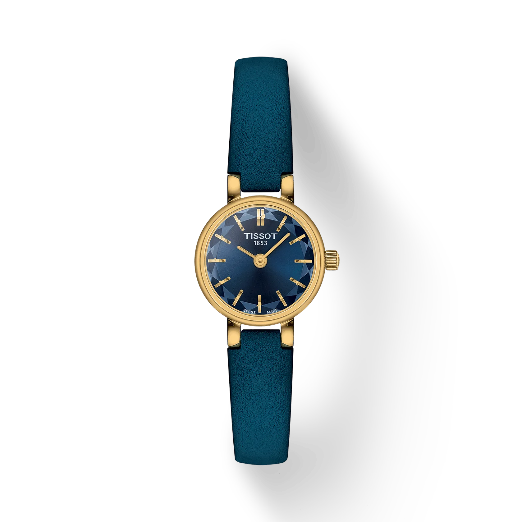 een dames polshorloge Tissot model Lovely met een blauwe wijzerplaat en blauwe band.