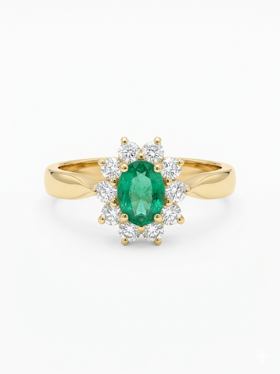 Deze exclusieve 14k gouden ring is een tijdloos juweel. Het bevat een natuurlijke smaragd en een diamant van 1,04 karaat met SI1 zuiverheid en H-kleur. De ring weegt 3,43 gram en is maat 55. Draag dit luxueuze sieraad bij speciale gelegenheden voor een elegante uitstraling. Perfect als statementstuk!