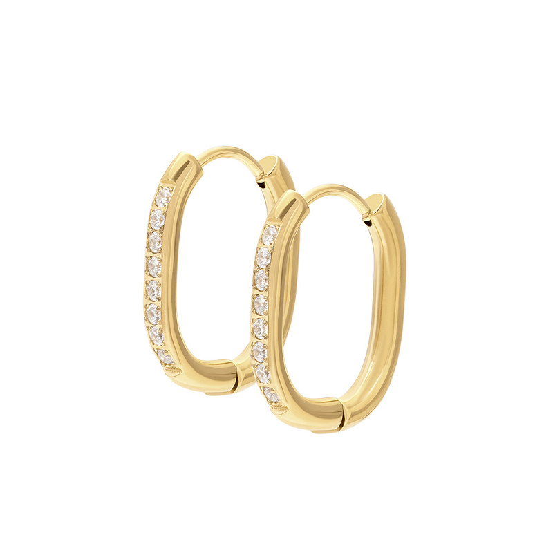De iXXXi oorbellen Oval Stone zijn gemaakt van stainless steel. De oorringen zijn ovaalvormig en zijn ingelegd met kleine zilverkleurige zirconia's.
