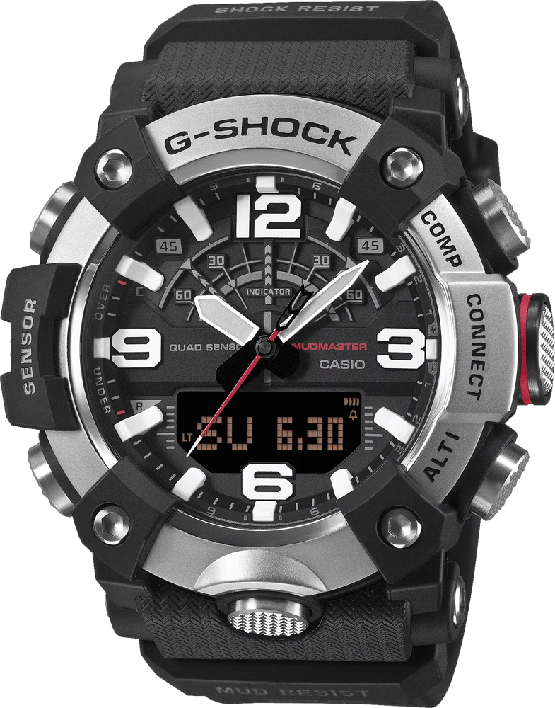 Voor de onverschrokken avonturier, een stoere en robuuste Master of G MUDMASTER met een sterke, duurzame metalen rand.

De horloges uit de G-SHOCK Master of G-lijn, ontwikkeld voor professionals die onder de zwaarste omstandigheden werken, zijn uitgerust met een functionaliteit die nog robuuster is. En de MUDMASTER gaat nog een stapje verder met het vermogen om de ruigste omgevingen op het land aan te kunnen en verdient daarmee de waardering en het vertrouwen van boswachters en reddingsteams die onder extreme omgevingen werken. 

De GG-B100XM-1ADR heeft een zilverkleurige roestvrijstalen ring met een geslepen afwerking, die een uitstekende krasbestendigheid biedt die beschermt tegen modder en stof en een subtiele matte textuur die gereflecteerd licht minimaliseert. De roestvrijstalen GG-B100XMB-1ADR bezel is zwart ge&iuml;oniseerd met een spiegelende afwerking voor zowel uitstekende krasbestendigheid als een verfijnde glans.

De GG-B100 MUDMASTER is gemaakt van stevige koolstof in de kast om schade en vervorming te voorkomen, en die voor een hoge luchtdichtheid en schokbestendigheid zorgt. Dit uurwerk bevat ook een filter dat beschermt tegen het binnendringen van modder, een paneel op de achterkant van roestvrij staal en een achterkant van schokbestendig fijn hars met glasvezel, waardoor het een hoge mate van weerstand tegen stof en modder biedt. De belangrijkste harscomponenten van de kast en horlogeband zijn gemaakt met hars van biologische oorsprong. Het gebruik van hernieuwbare biologische materialen draagt bij aan het verminderen van de impact op het milieu.

Dit praktische en functionele horloge is uitgerust met een digitaal kompas, hoogtemeter/barometer, thermometer en stappenteller. U kunt eenvoudig de tijd corrigeren met de speciale G-Shock-app en veel andere handige functies gebruiken, zoals de Mission Log-functie, die automatisch hoogtegegevens van de app vastlegt die zijn verkregen met het horloge en routegegevens die zijn verkregen met uw smartphone. 
