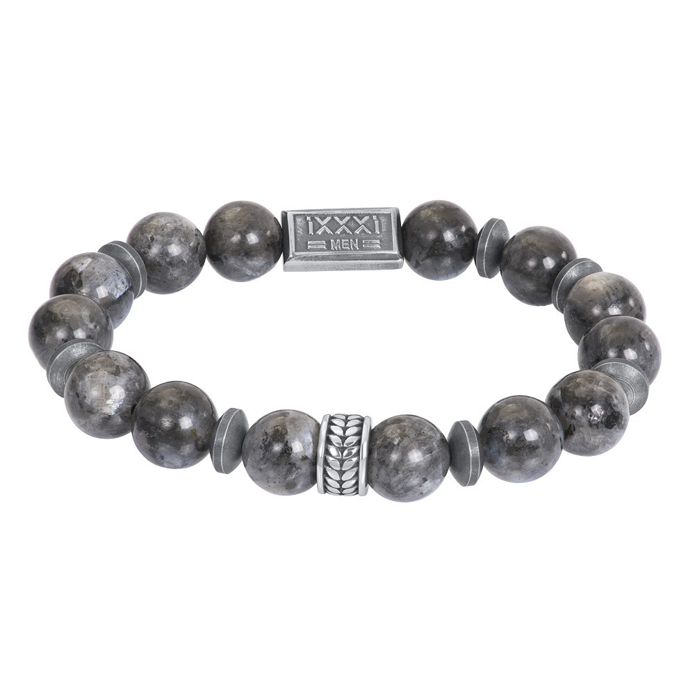 De iXXXi Men armband Jasper bestaat uit een combinatie van stainless steel in de kleur antiek en kralen in de kleur gem&ecirc;leerd grijs.