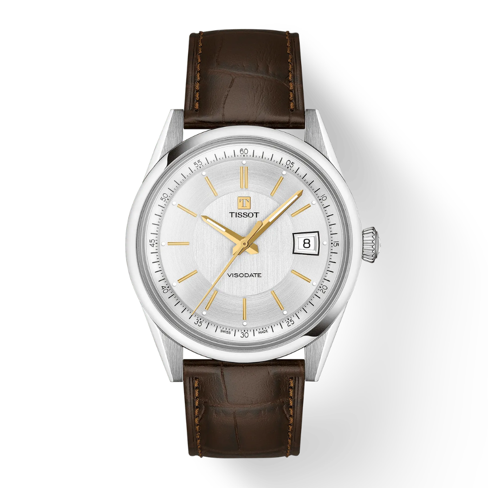 De Tissot Visodate 39mm is een elegant en tijdloos horloge met een slanke 39 mm kast, automatisch uurwerk en saffierglas&mdash;ge&iuml;nspireerd op het klassieke design uit de jaren &rsquo;50 en perfect voor dagelijks gebruik.